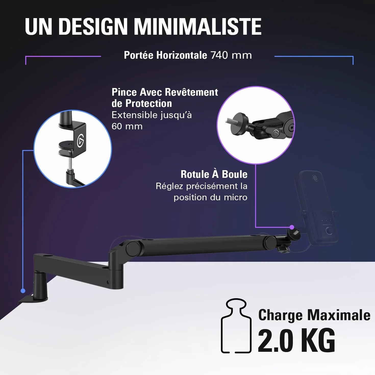 Elgato Wave Mic Arm LP - Perche micro compacte avec passe-câbles, pince bureau, réglable pour podcast streaming jeu