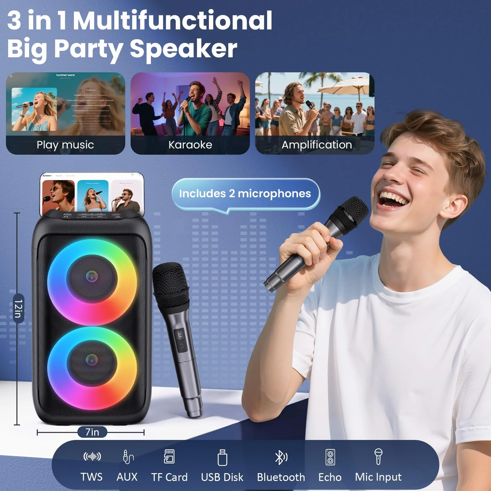 Karaoke Adulte Haut-Parleur Bluetooth Portable avec 2 Microphones sans Fil Système PA Lumières