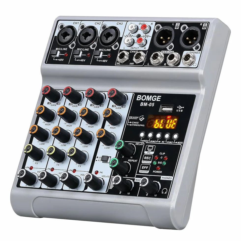 BOMGE Table de mixage audio 5 canaux USB Bluetooth effet retard d'écho alimentation fantôme 48 V mixeur DJ stéréo