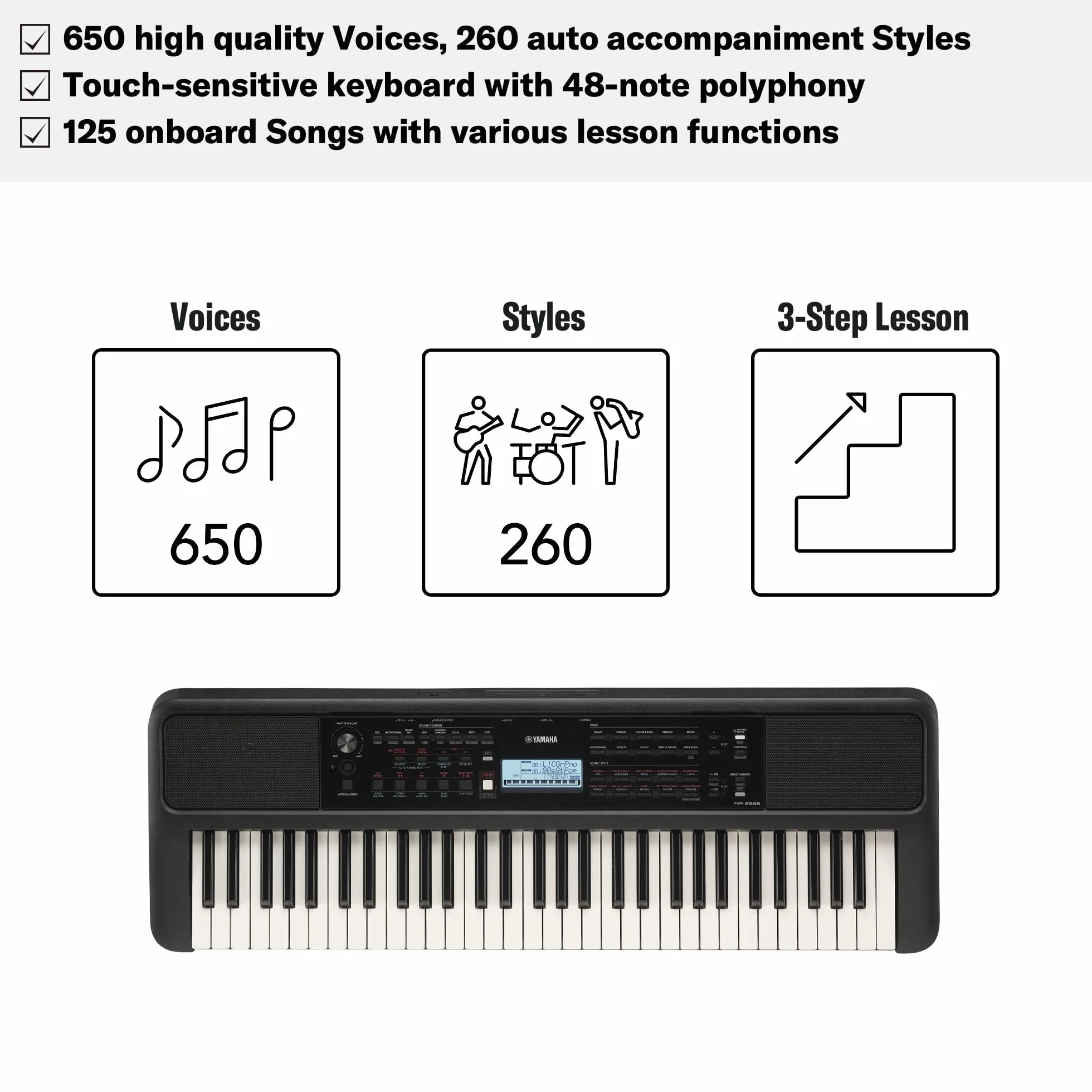 Yamaha PSR-E383 Clavier portable 650 voix polyphonie 48 notes