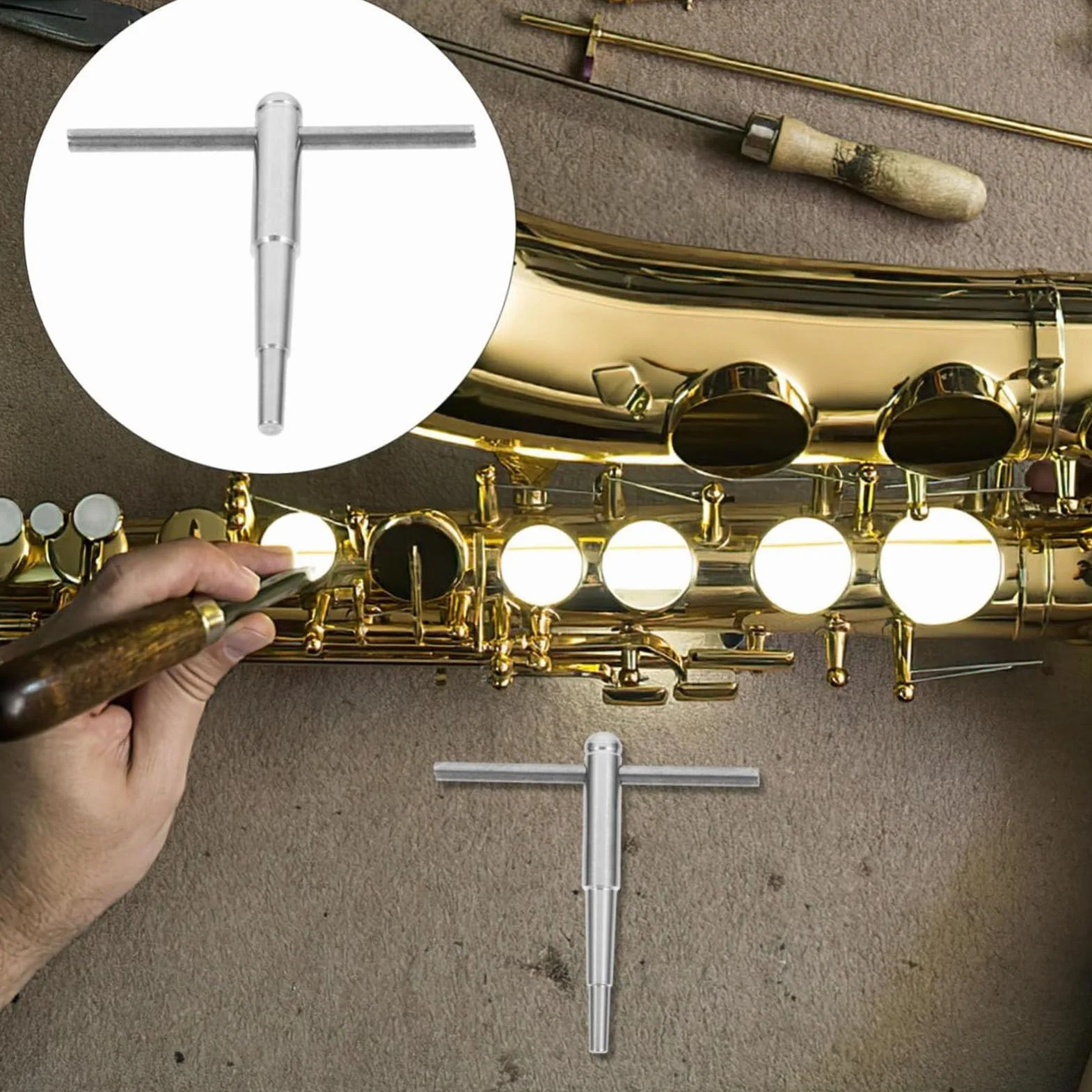 Outil de Réparation de Trompette, Tête Sphérique en Métal, Corne, Trombone, Outils d'Entretien du Cou avec Manche en Bois