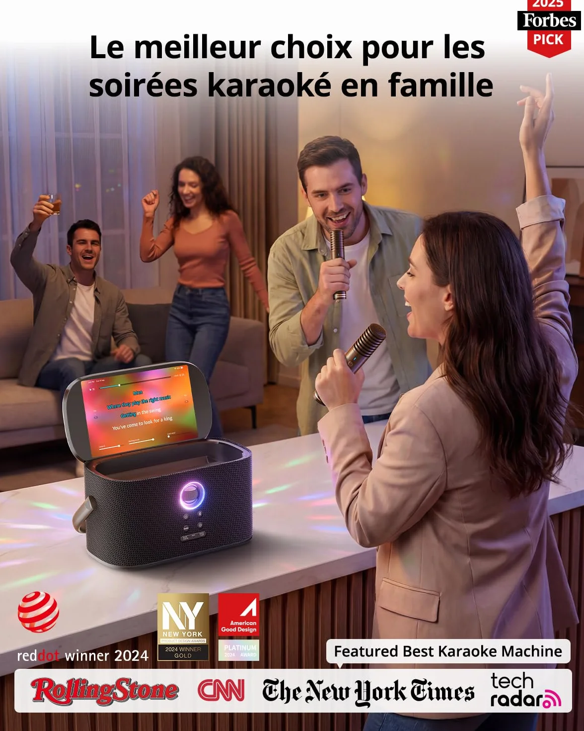 Ikarao Karaoké Adulte Enceinte Pro avec Écran 2 Micros sans Fil 140W Compatible Wi-Fi HDMI TV Abonnement Karafun Inclus Shell S2