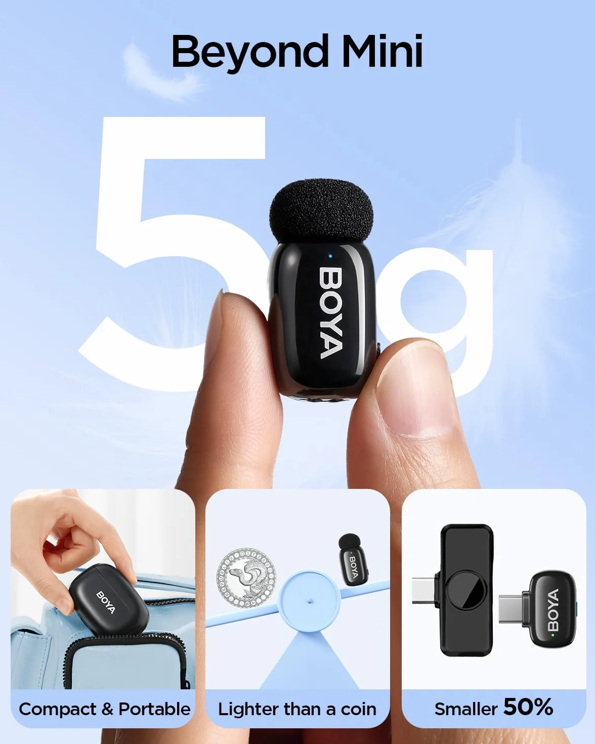 BOYA Mini 2 Micro Cravate sans Fil USB-C 2 Micros Ultra-Mini Réduction de Bruit par IA 40dB 48kHz/24Bit Contrôle par App pour Android iPhone 15/16/17 TikTok YouTube