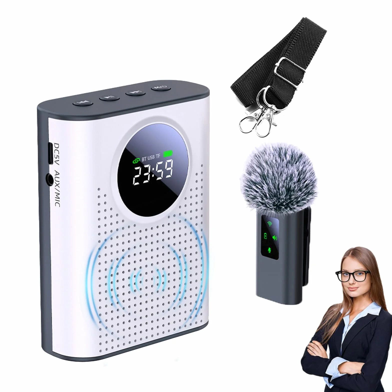 Amplificateur de Voix Sans Fil avec Microphone Lavalier 2,4 GHz Bluetooth pour Enseignants