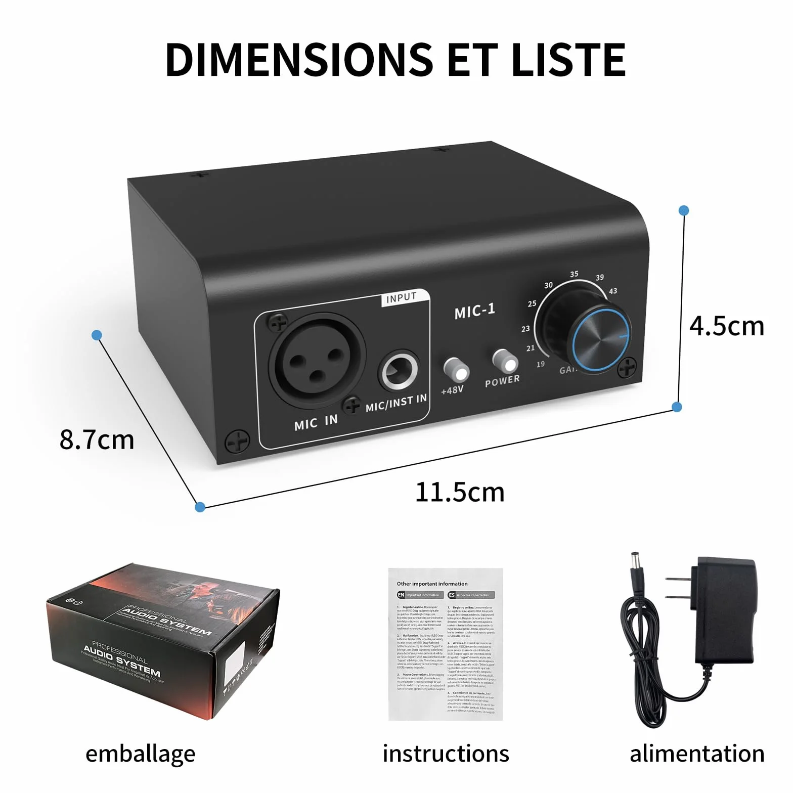 XTUGA XIC1 Préampli micro 2 entrées 75db Gain 48V Phantom Power XLR