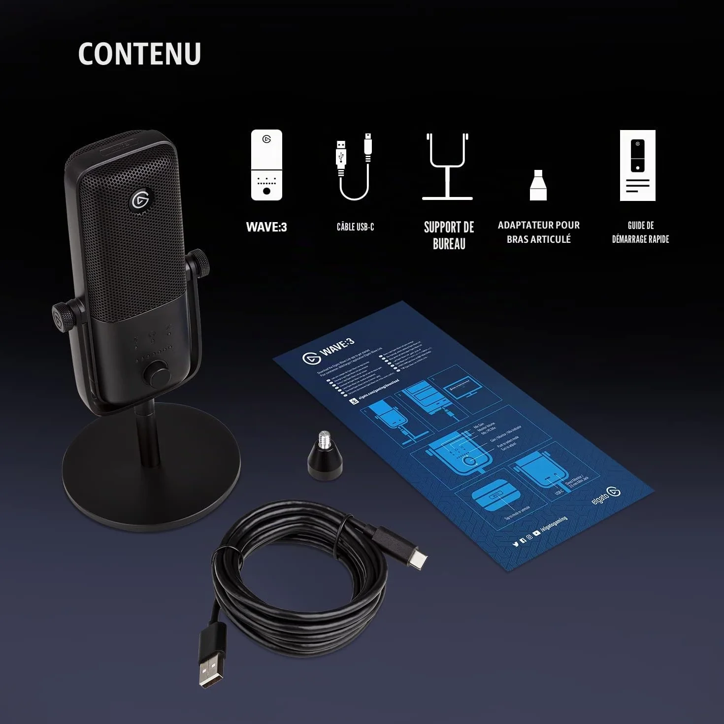 Elgato Wave:3 Micro à condensateur USB studio streaming podcast gaming télétravail logiciel mixage gratuit plug-ins effets anti-distorsion plug & play Mac PC