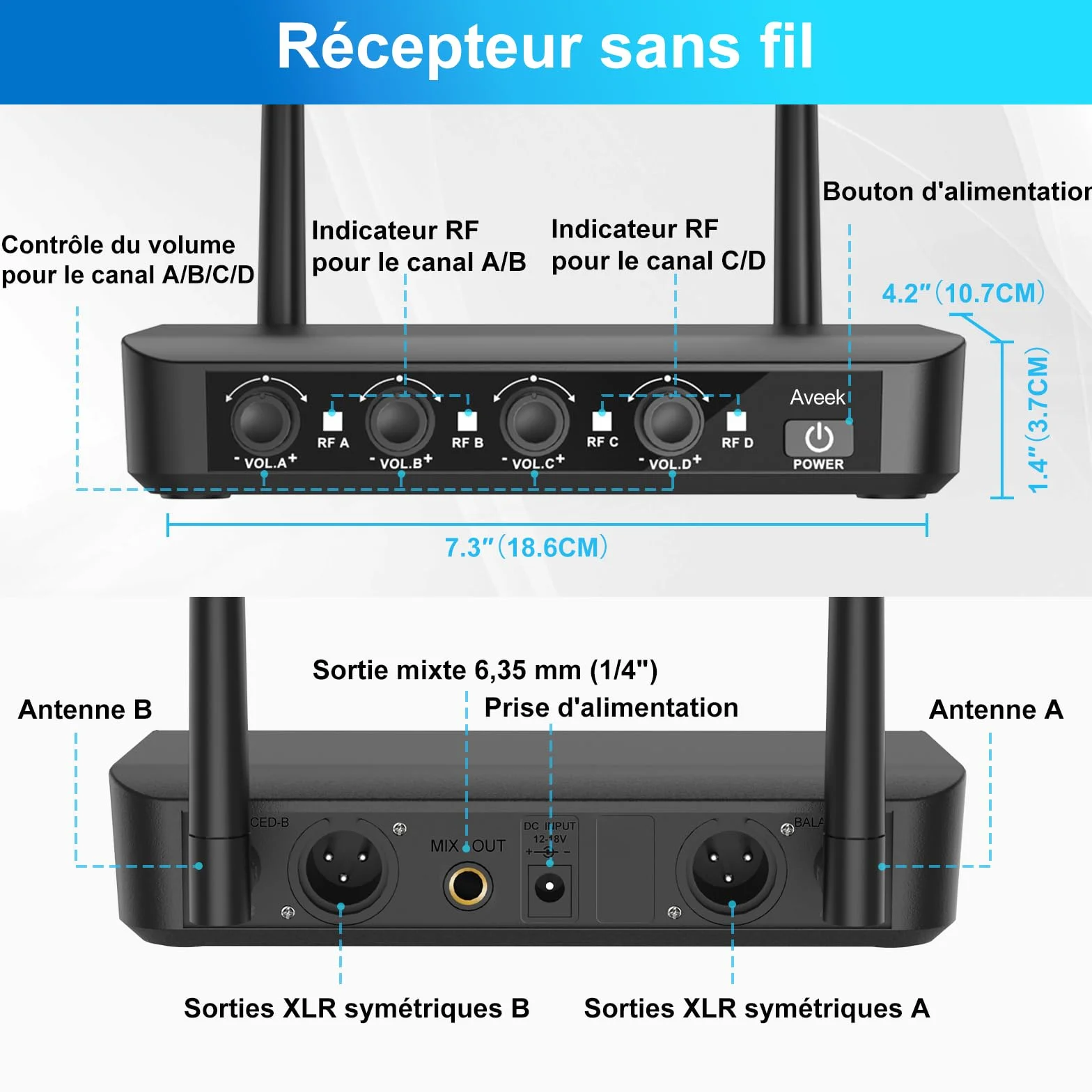 Aveek Système de microphone sans fil avec 4 micros dynamiques portatifs, portée 80 m, batterie 40 heures, faible latence