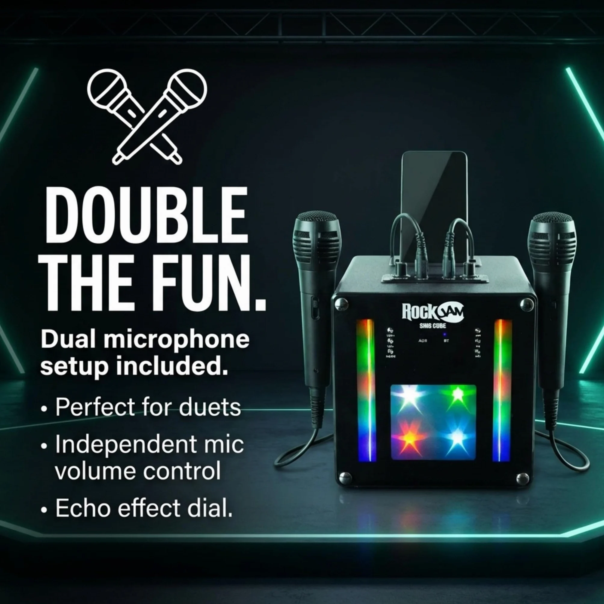 RockJam Machine de karaoké Bluetooth 10 Watts Rechargeable avec Deux Microphones et Jeux de lumière