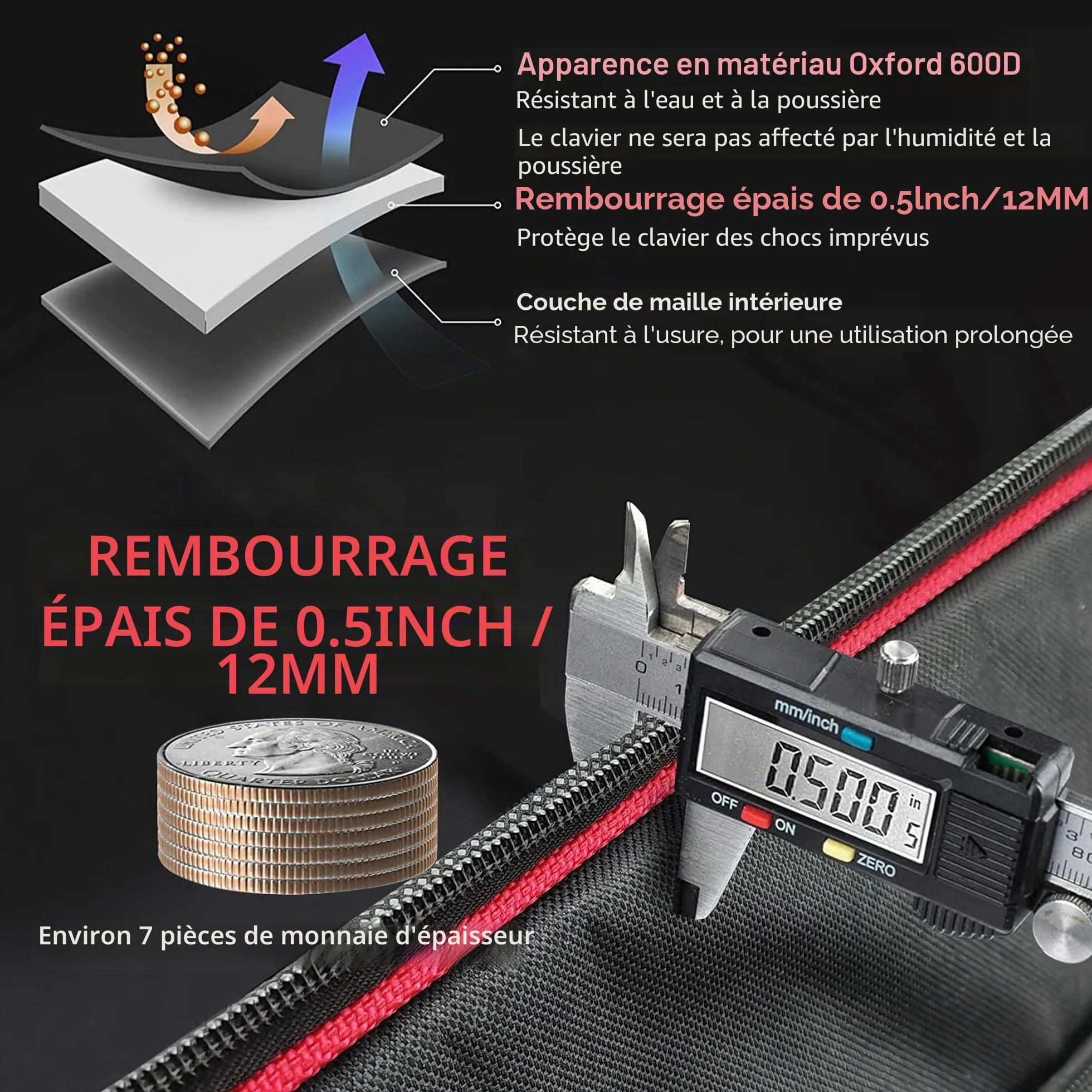 Ruibo Housse de Transport pour Clavier 61 Touches, Tissu Oxford 600D imperméable, 101,6 x 40,6 x 15,2 cm, Noir + Rouge
