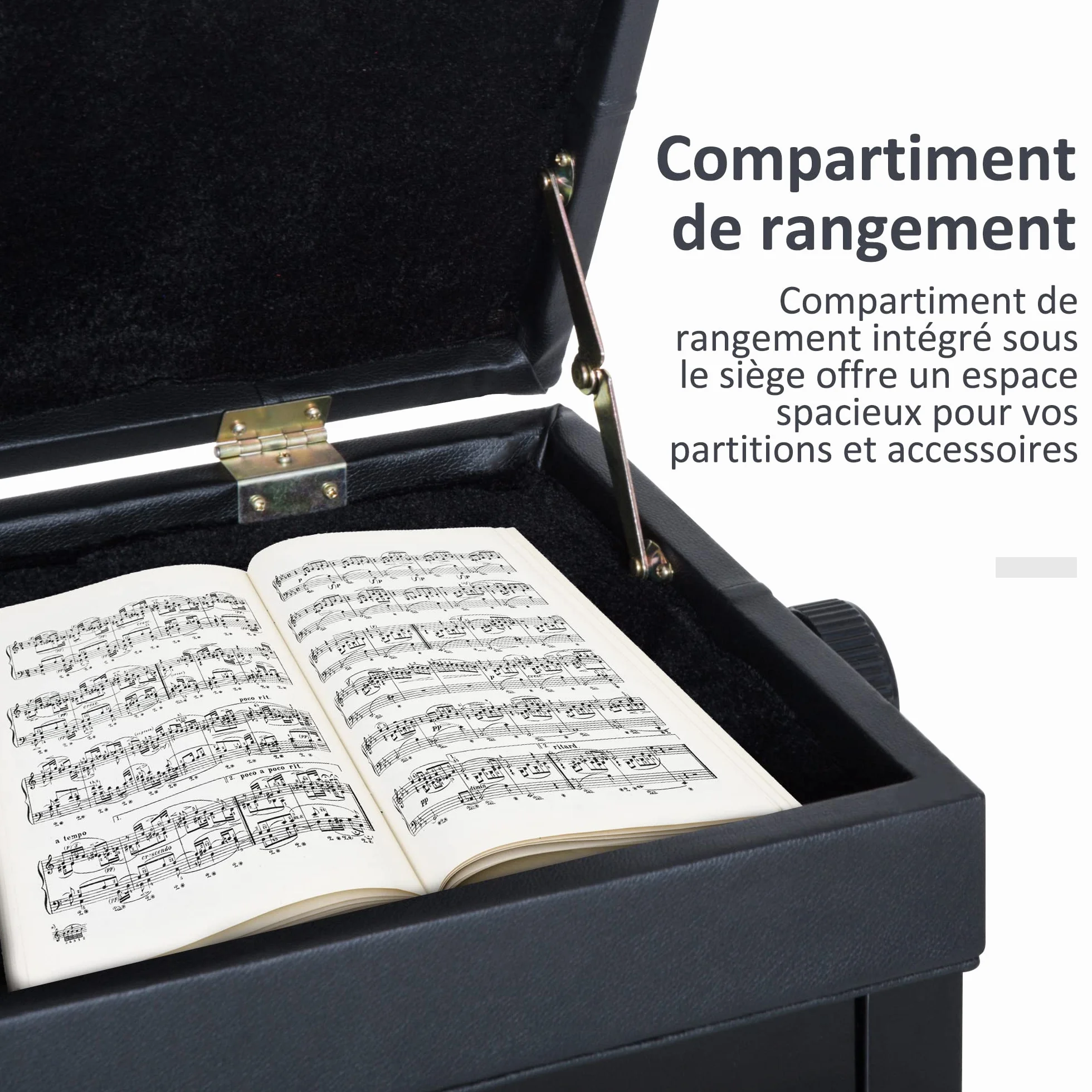 HOMCOM Banc de Piano réglable en Hauteur Bois Massif Tabouret avec Compartiment caché Noir