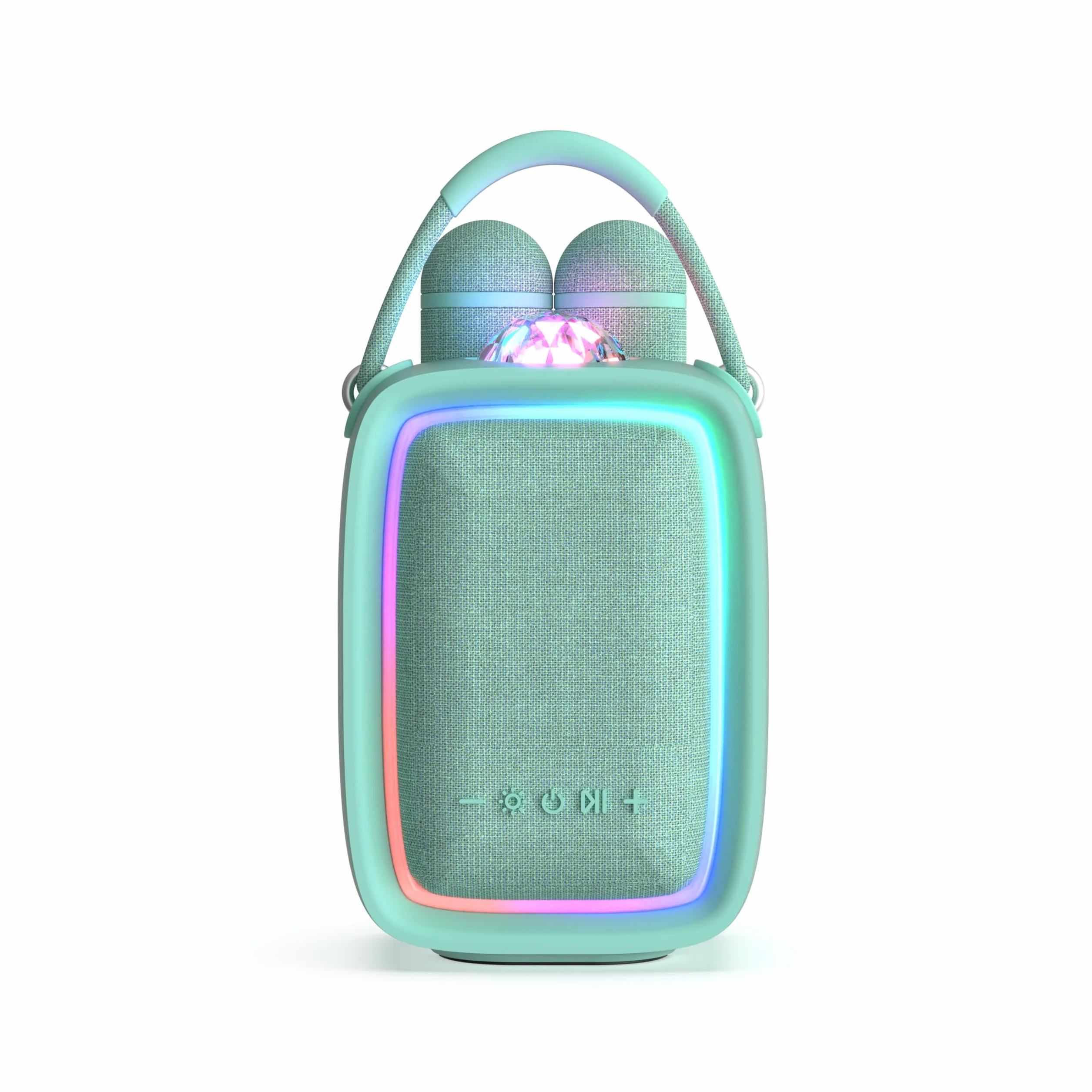 Enceinte Karaoké Portable pour Enfant et Adulte avec Projecteur Disco, 2 Micros sans Fil, Rechargeable USB-C, Carte SD - Menthe