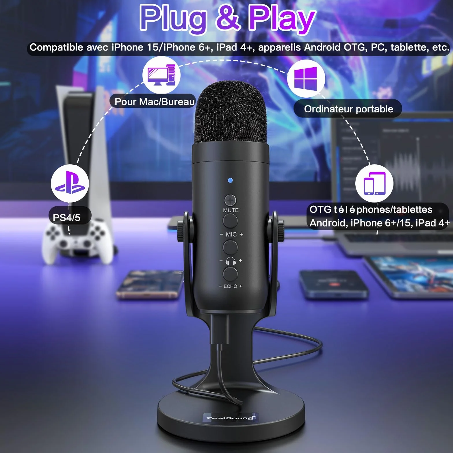 ZealSound Micro Podcast USB à Condensateur - Réduction du Bruit pour PC, Gaming, Streaming, Enregistrement