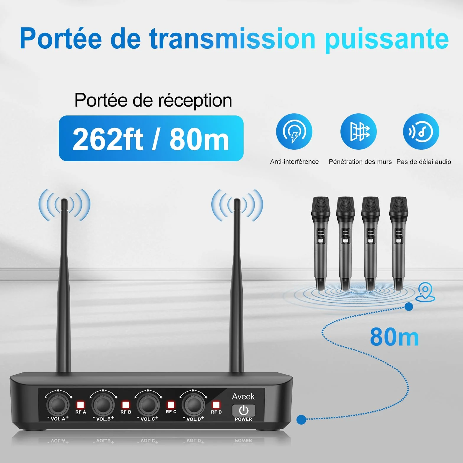 Aveek Système de microphone sans fil avec 4 micros dynamiques portatifs, portée 80 m, batterie 40 heures, faible latence