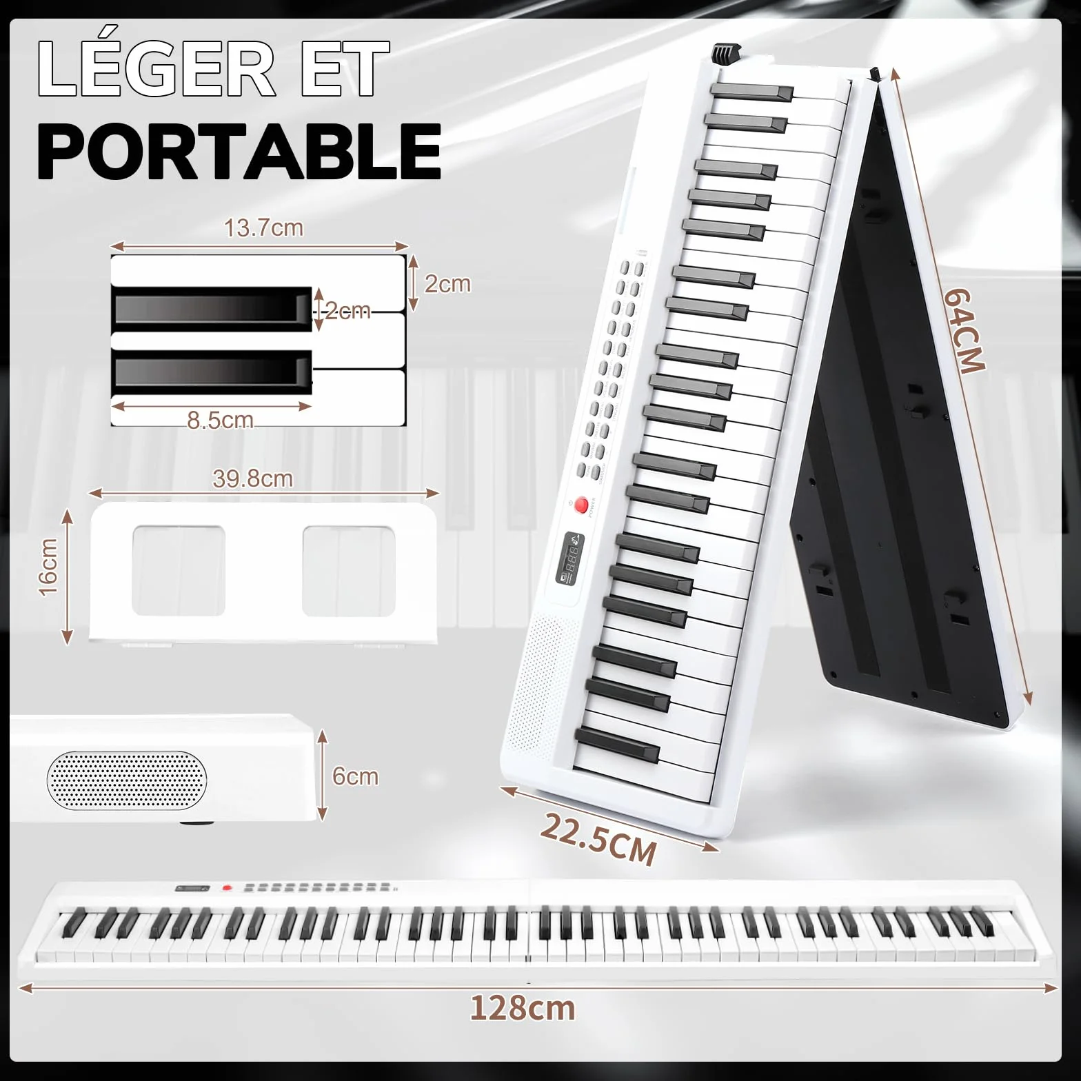 LEADZM Piano Numérique Pliable 88 Touches Semi-Lesté, 2 Modes Bluetooth, 1000 Rythmes, 1000 Sonorités, 50 Démos (Blanc)