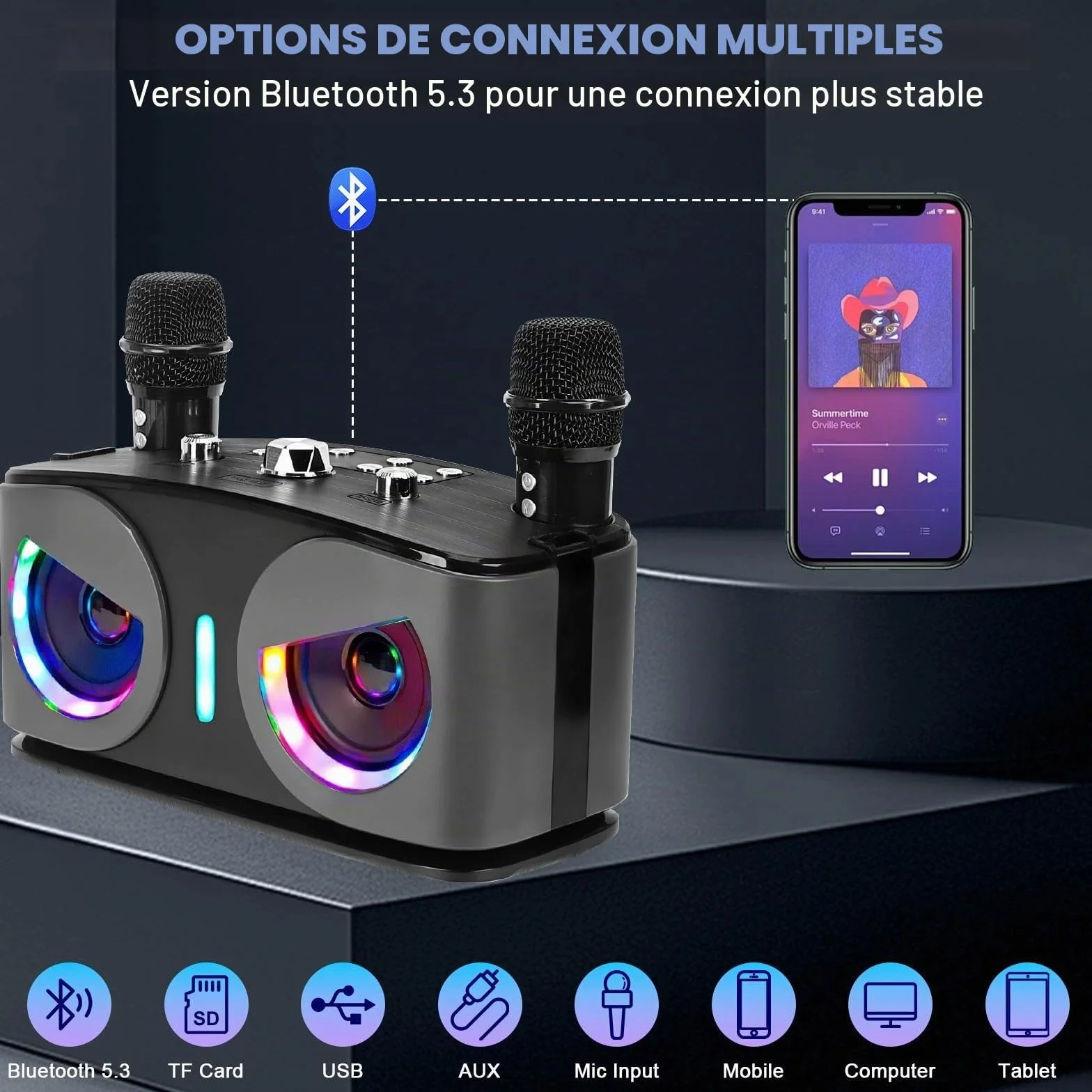 Machine de Karaoké Bluetooth Portable avec 2 Microphones sans Fil, Lumières Disco, Supporte TV/USB/AUX/TF/FM