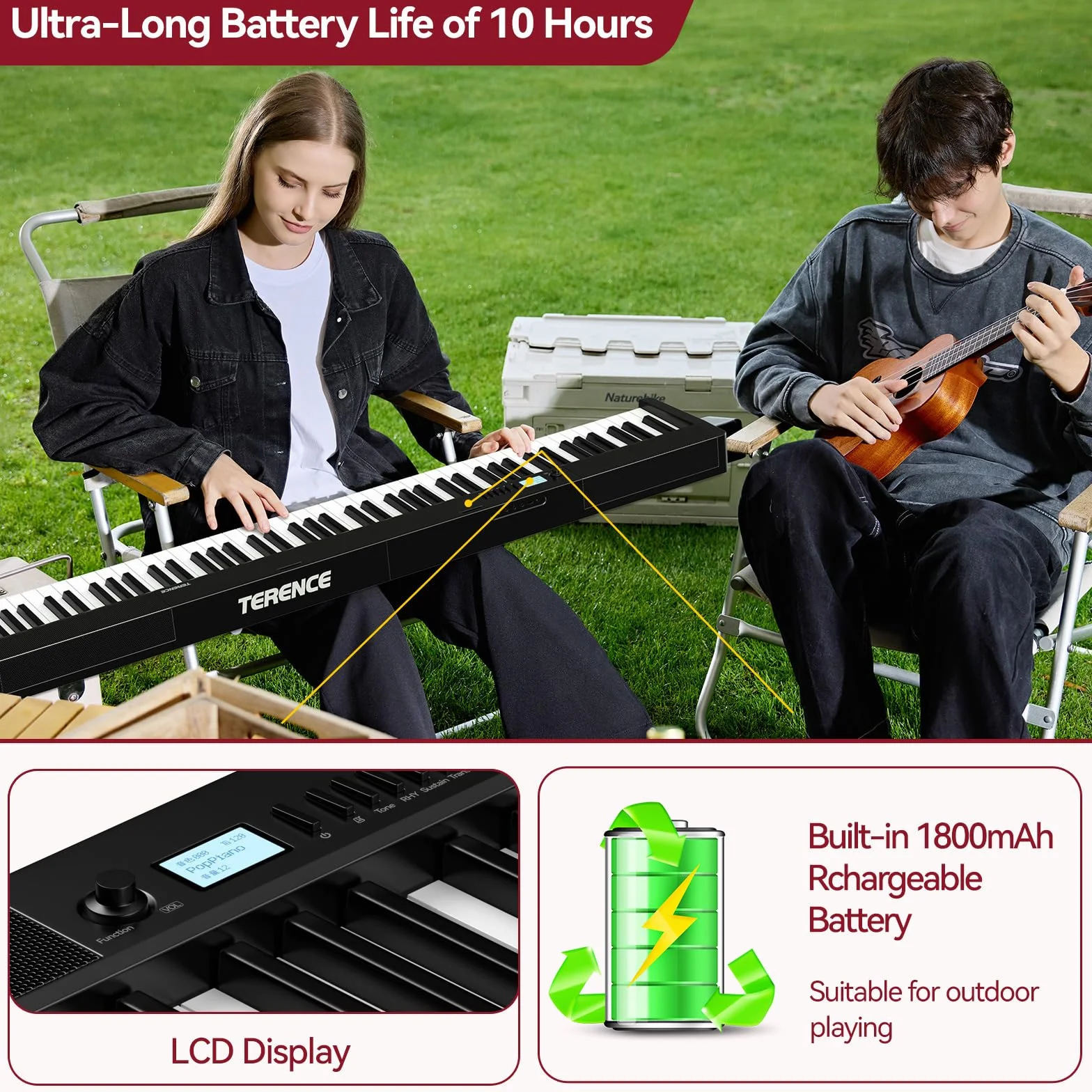 Piano numérique 88 touches lestées 1800 mAh Bluetooth MIDI Noir