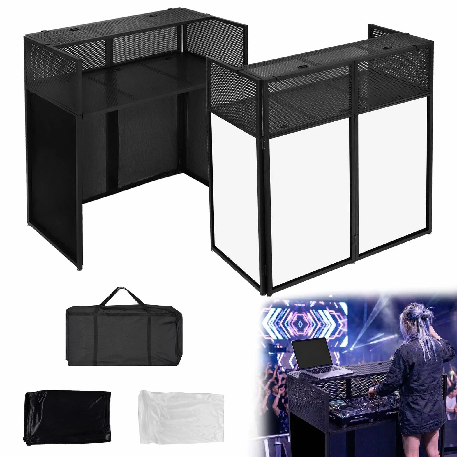 Table DJ pliable 90 kg 105x52x114 cm stand avec tissu bicolore noir/blanc housse 5 passe-câbles étagère pieds réglables transportable