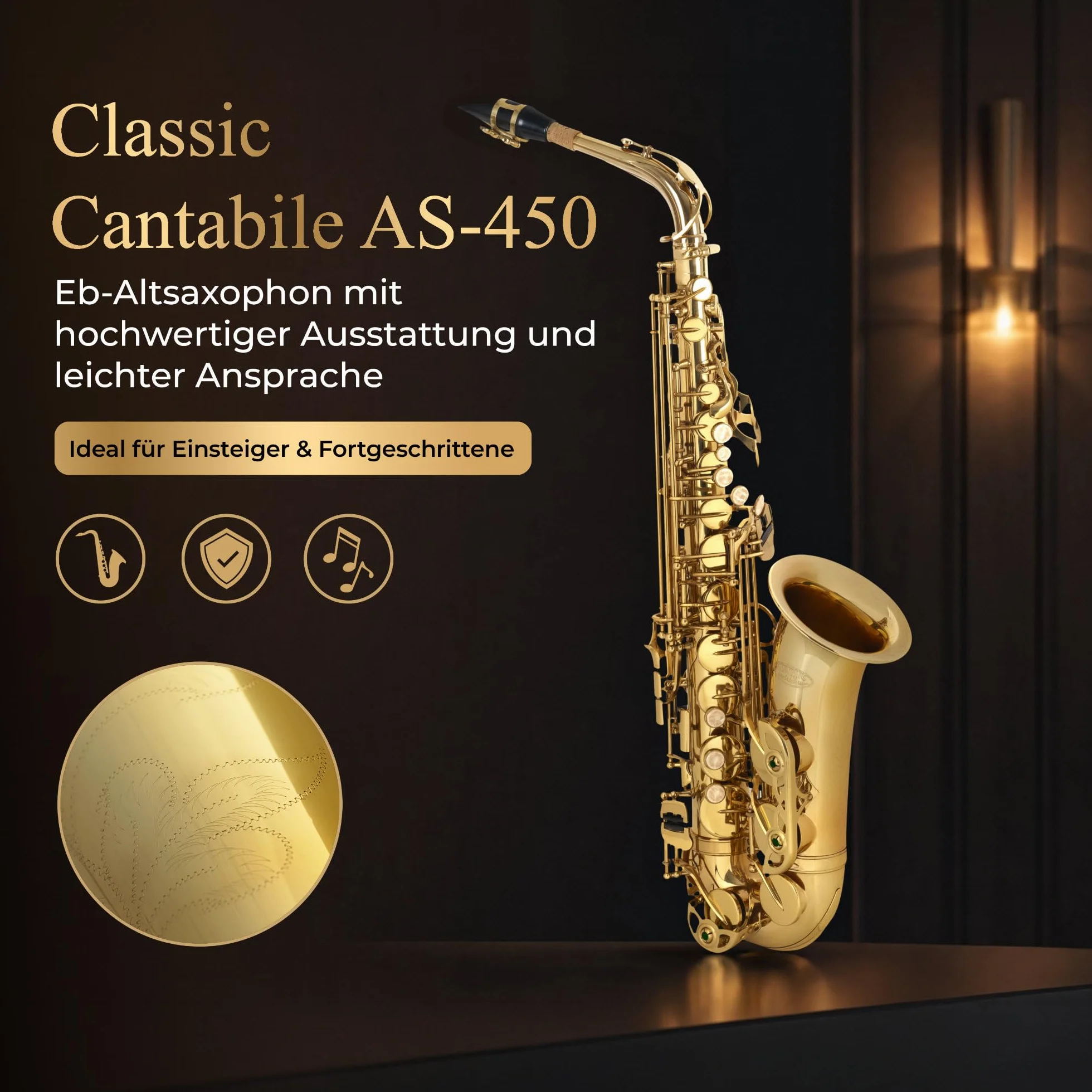 Classic Cantabile AS-450 Saxophone alto en laiton, accordage il, étui léger et accessoires