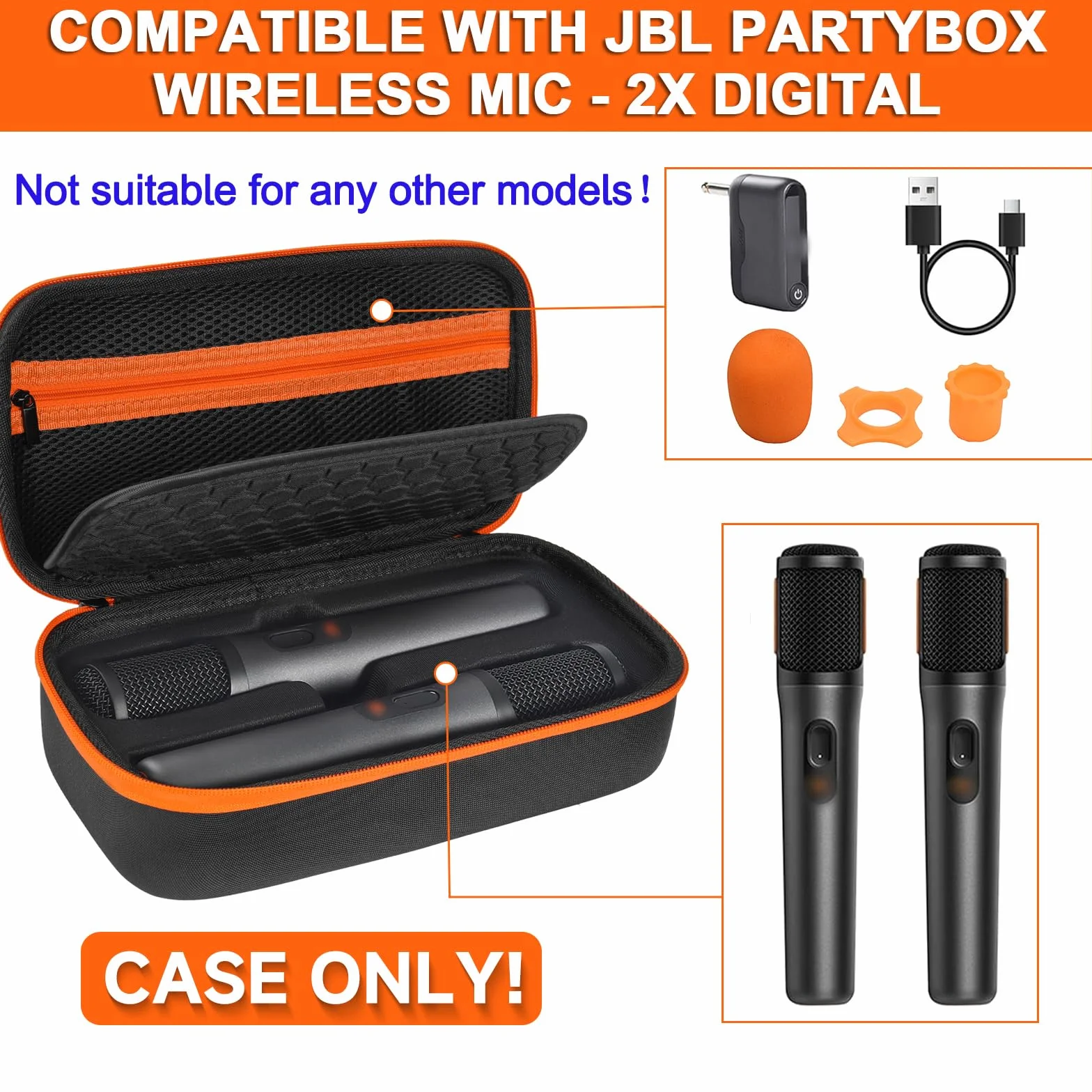 Étui pour microphone sans fil compatible JBL PartyBox – 2 microphones numériques, sac de rangement portable, noir