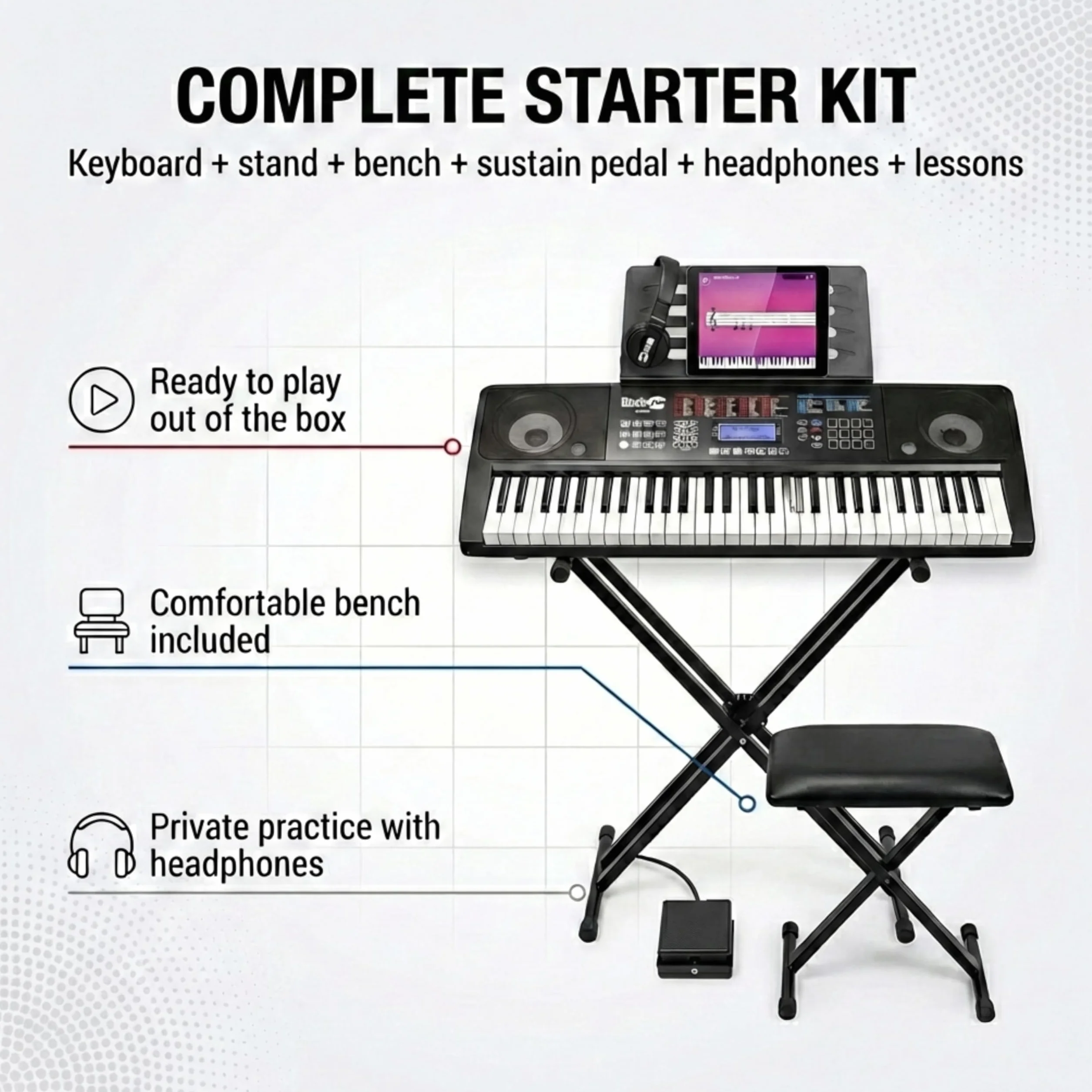 RockJam 61-touch Piano à clavier Kit avec banc, tabouret, pédale de sustain, casque et cours