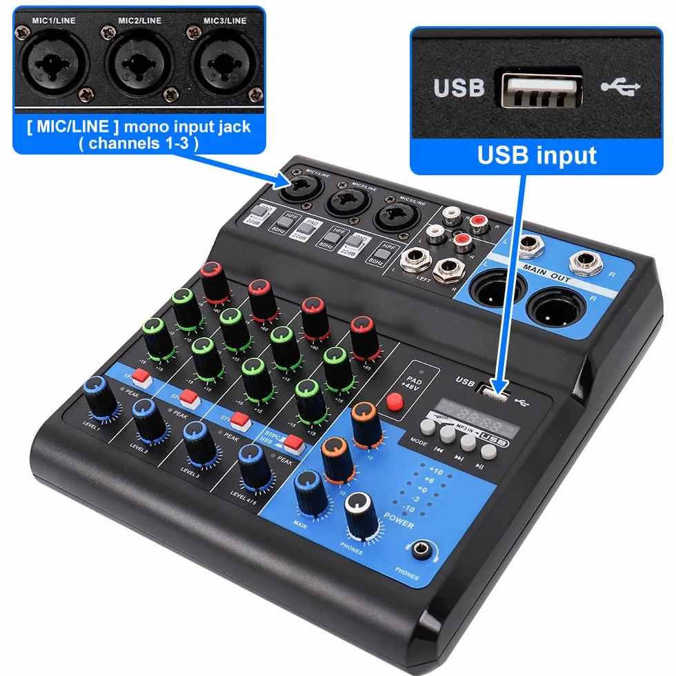 Table de Mixage USB 48V Fantôme 5 Canaux Audio Professionnel PC EQ Karaoke