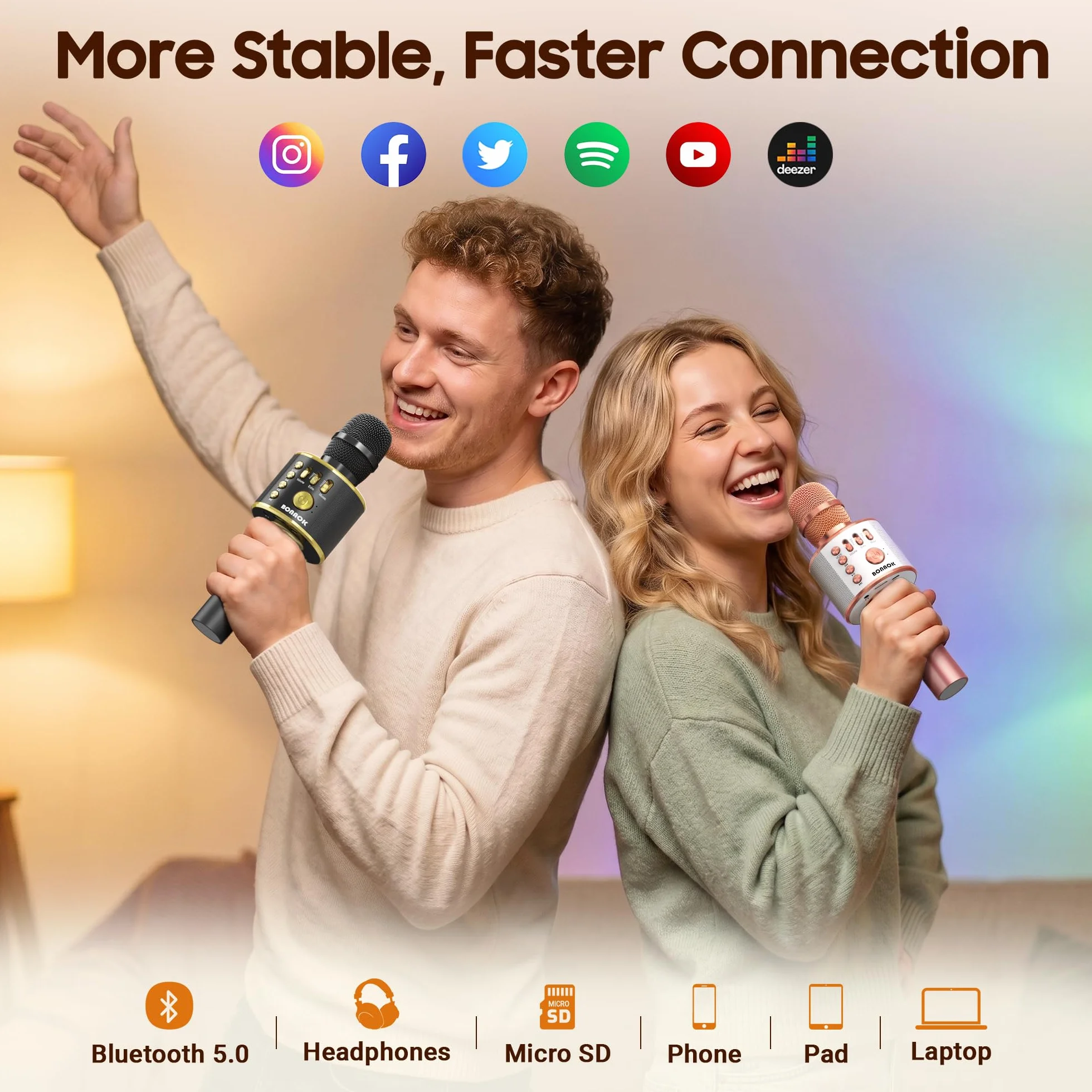 BONAOK Microphone sans Fil Karaoké Bluetooth Lecteur Enregistreur Mini Noir