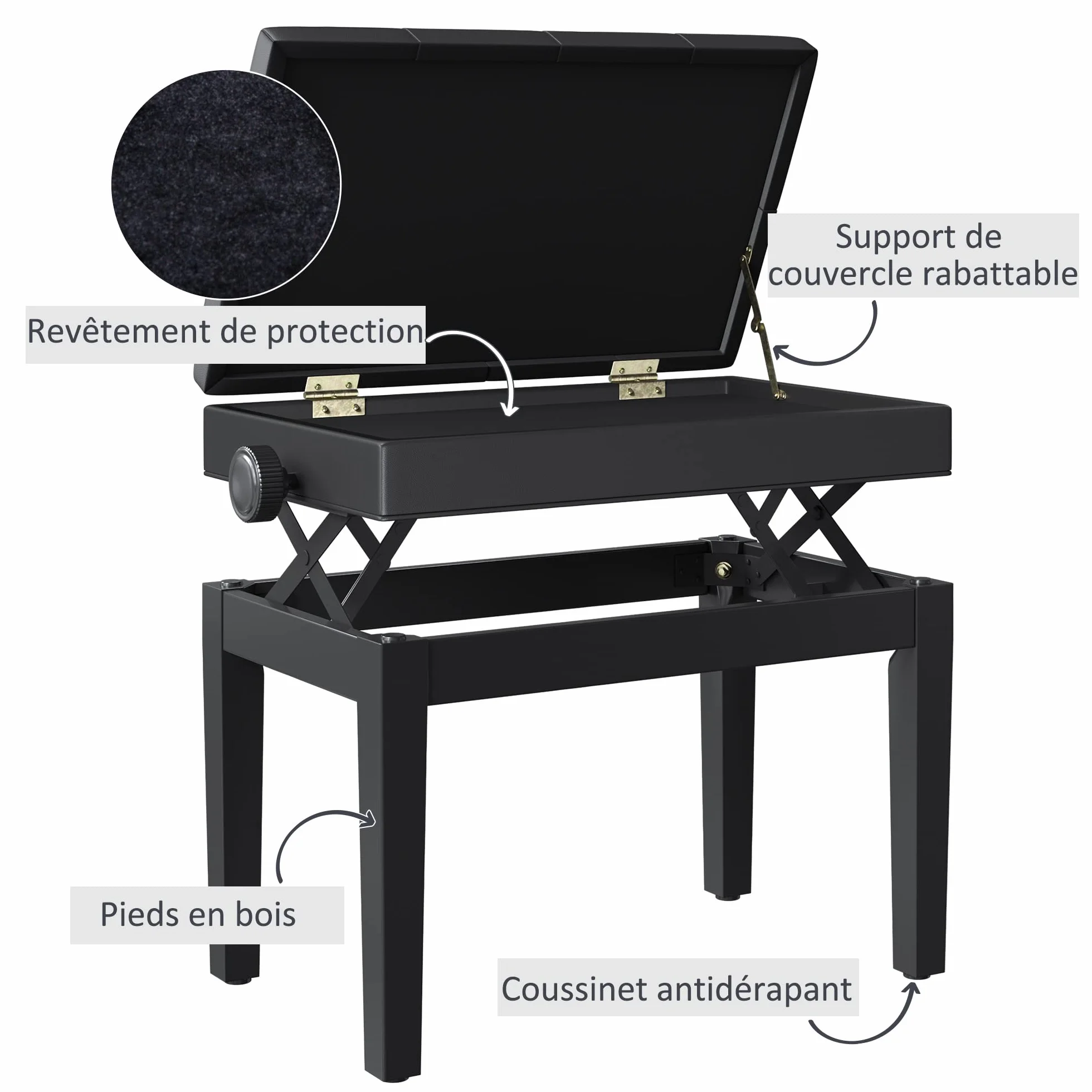 HOMCOM Banc de Piano réglable en Hauteur Bois Massif Tabouret avec Compartiment caché Noir