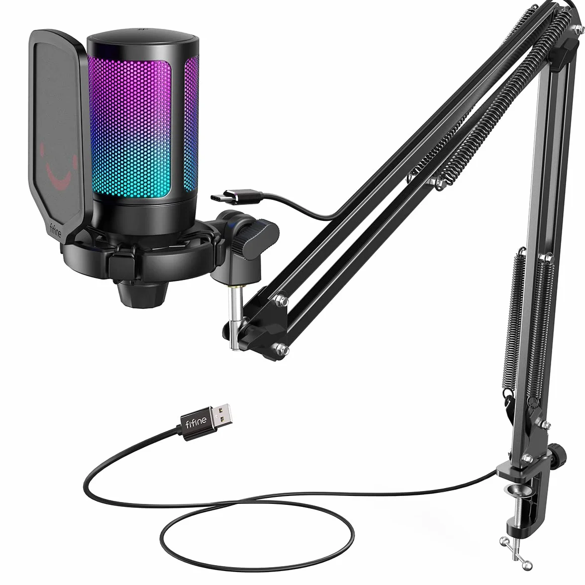FIFINE USB Micro Gaming avec Bras pour PC PS4 PS5, Condensateur Microphone Streaming Podcast Studio, Bouton Silence, Fixation Antichoc, Support Micro, Filtre Anti-Pop, RGB