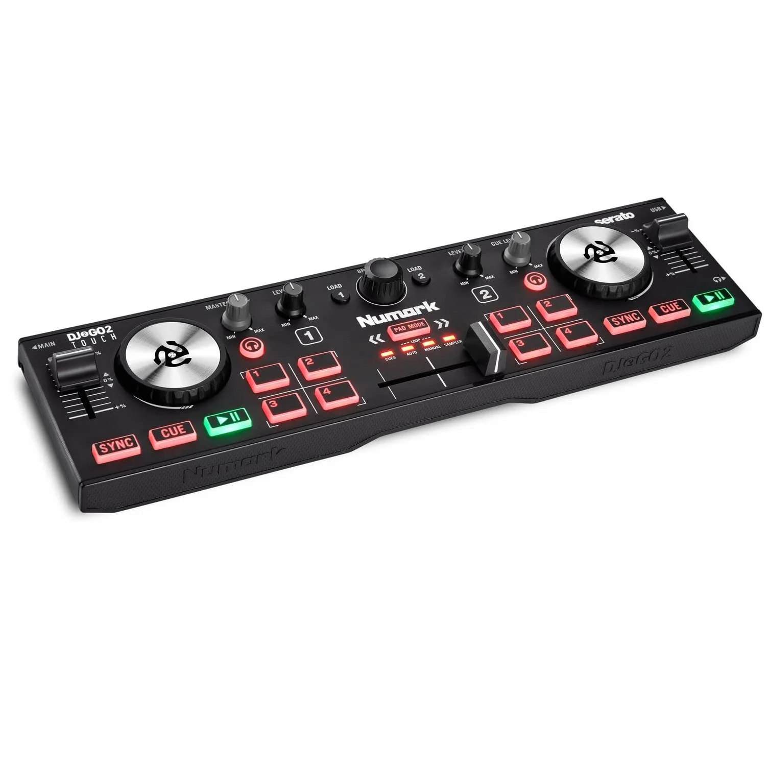 Numark DJ2GO2 Touch Contrôleur DJ 2 Canaux Portable avec Table de Mixage et Carte Son Intégrées et Platines Tactiles, Serato DJ Lite