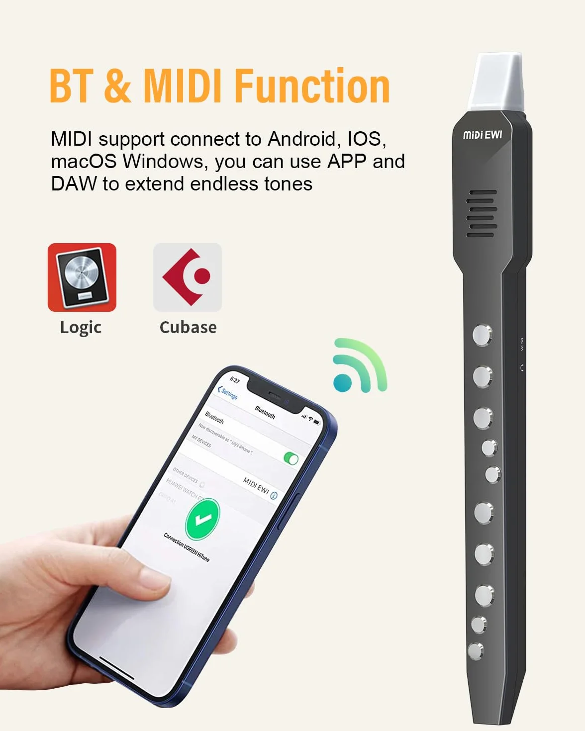 EWI Instrument à vent numérique Noir Bluetooth MIDI 10 tonalités portable