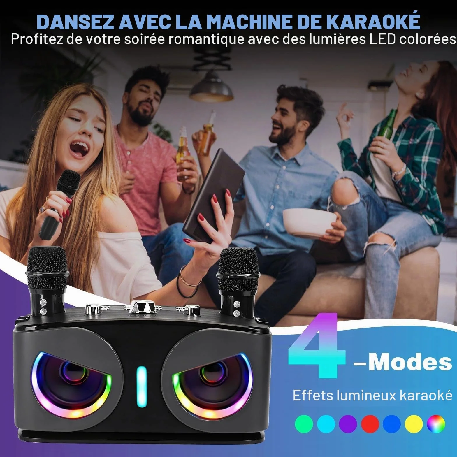 Machine de Karaoké Bluetooth Portable avec 2 Microphones sans Fil, Lumières Disco, Supporte TV/USB/AUX/TF/FM