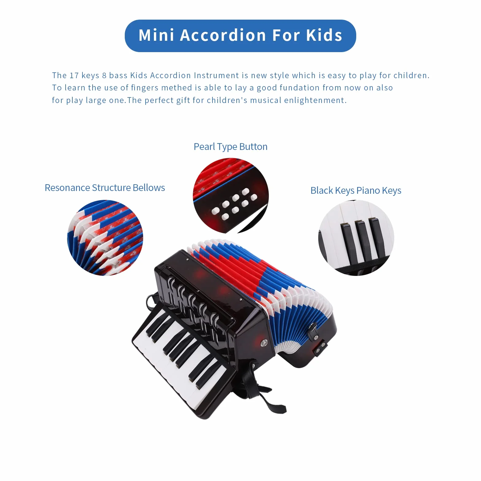 Accordéon Enfant 17-Clé 8 Basse Instrument Jouet avec Sangle en Cuir Rétractable Cadeau Débutants
