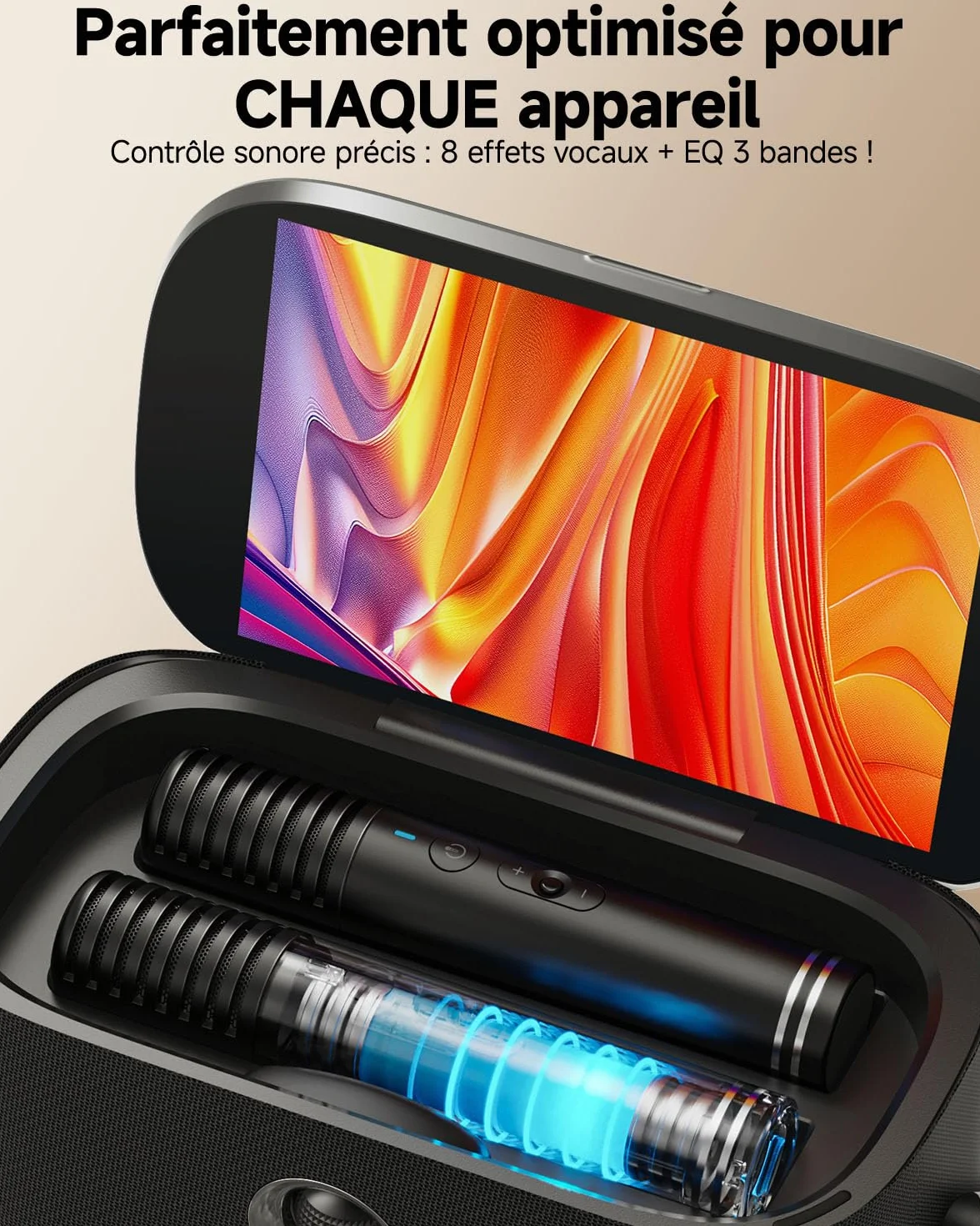 Ikarao Karaoké Adulte Enceinte Pro avec Écran 2 Micros sans Fil 140W Compatible Wi-Fi HDMI TV Abonnement Karafun Inclus Shell S2