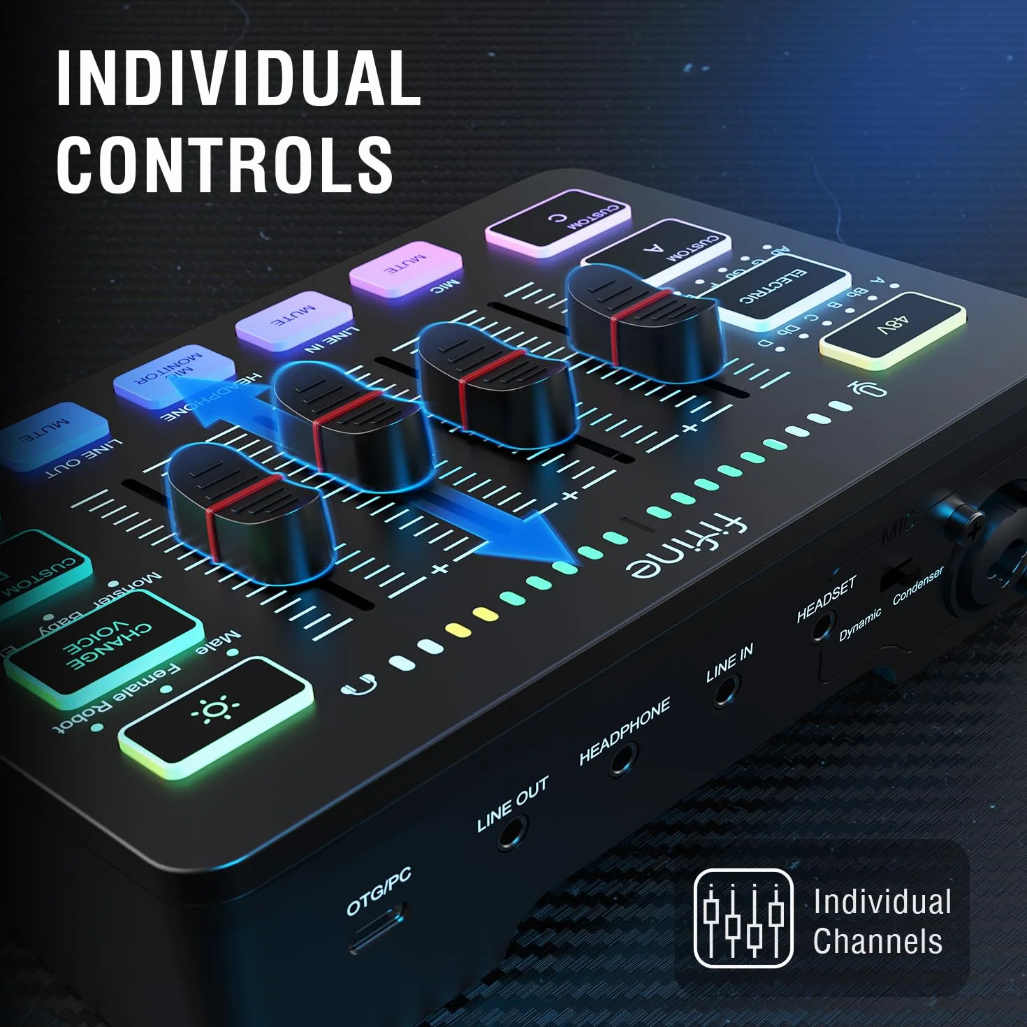 FIFINE Mélangeur audio de jeu pour streaming, interface audio PC RVB, mixeur DJ avec interface microphone XLR