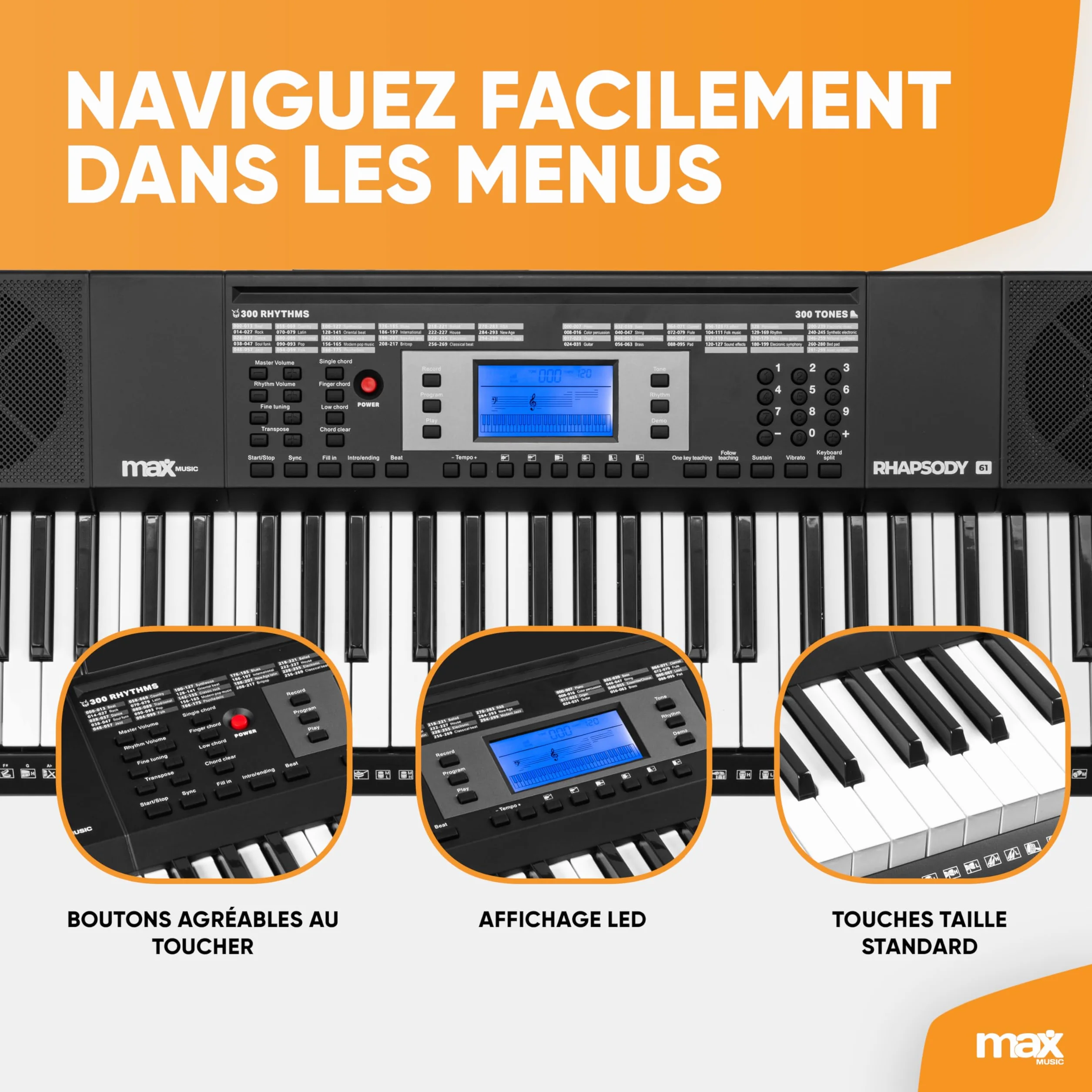 Max Rhapsody61 Clavier Électronique 61 Touches Pack Complet avec Casque Audio Stand Micro Banc Synthétiseur Débutant Deux Haut-parleurs Intégrés