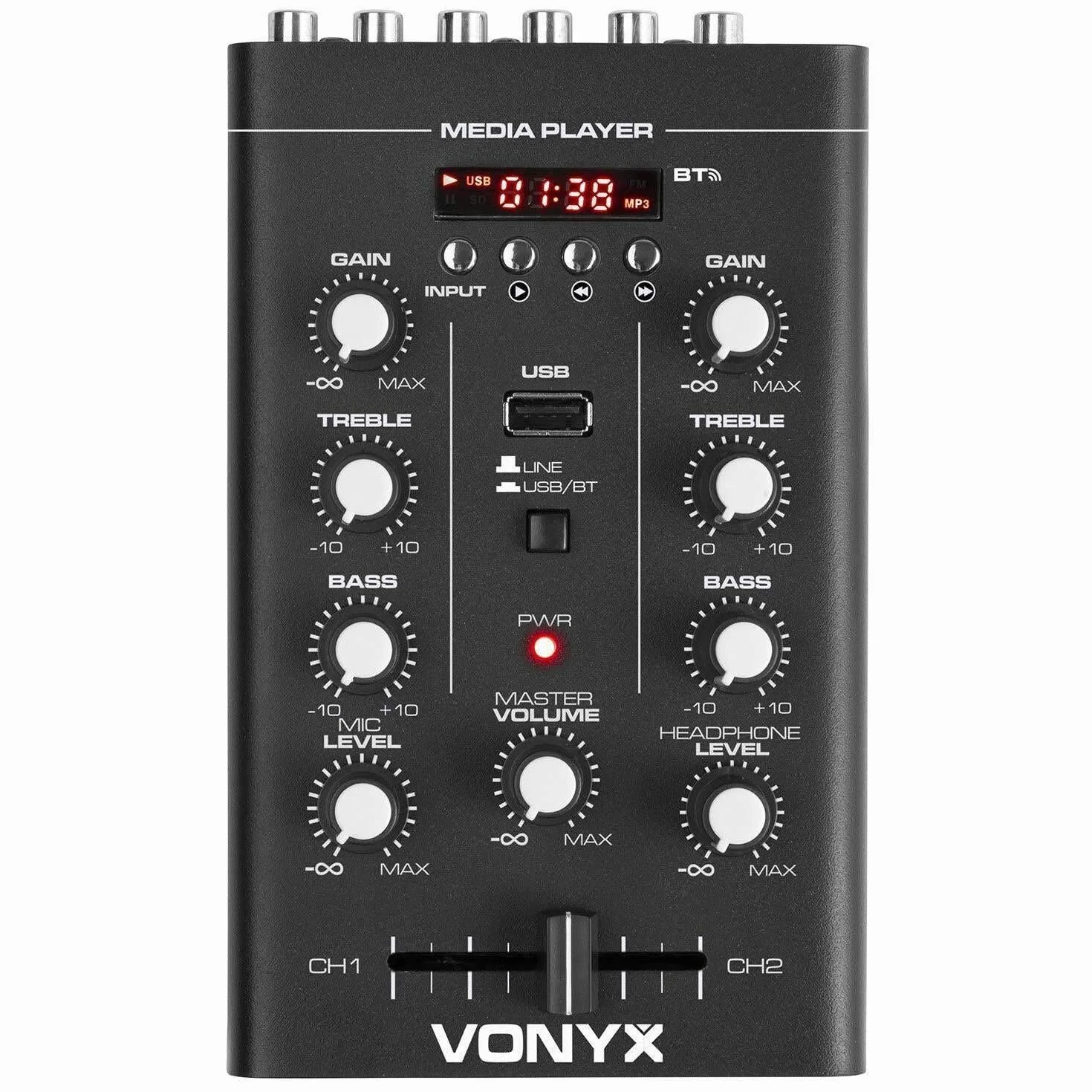 Vonyx STM500BT Table de Mixage Bluetooth 2 Canaux avec Lecteur MP3, Crossfader, Entrée USB, Micro, Sortie Casque, Egaliseur 2 Bandes