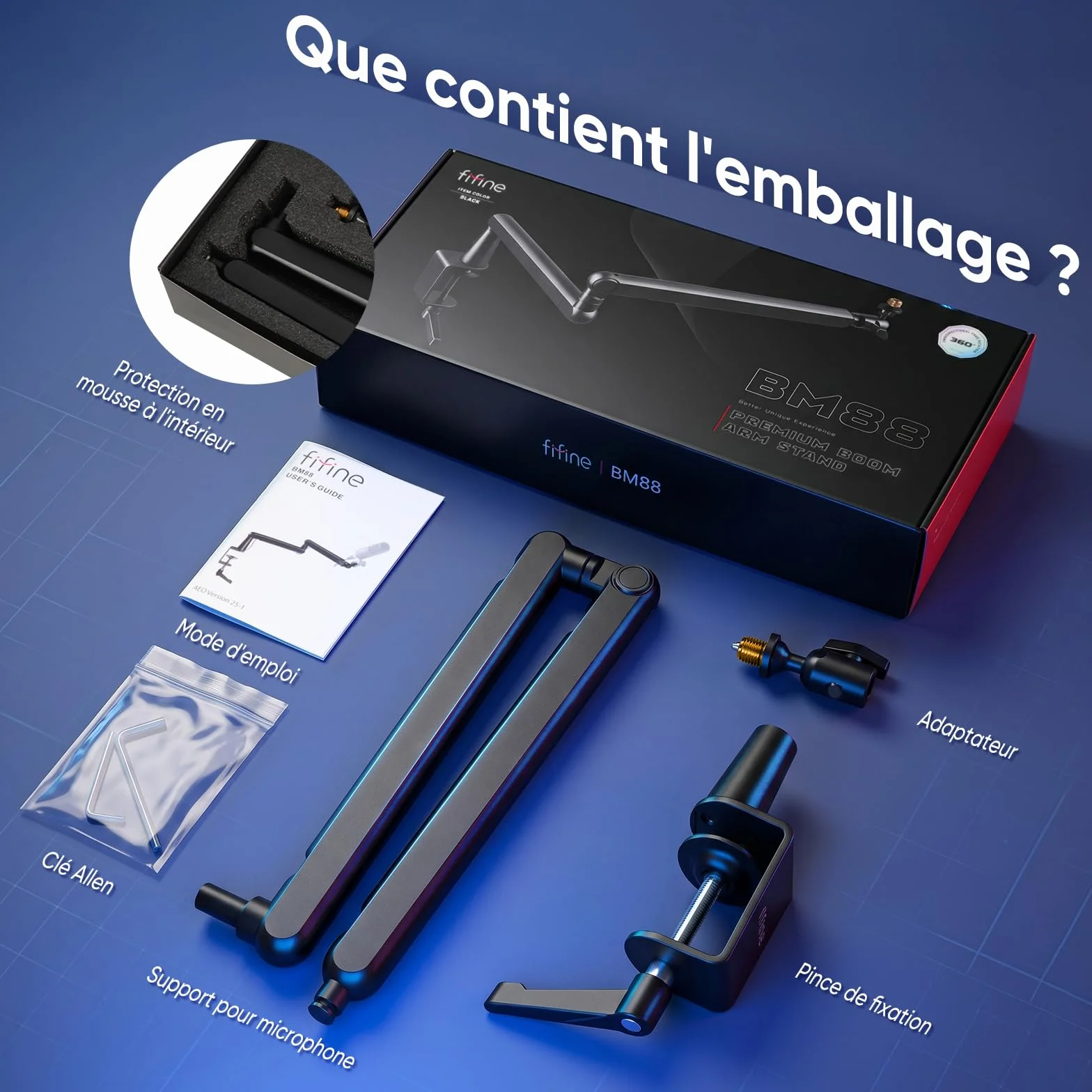 FIFINE Bras de Micro, Support Microphone avec Pince de Bureau, Adaptateur Vis, Gestion Câbles pour Podcast Streaming Studio Gaming