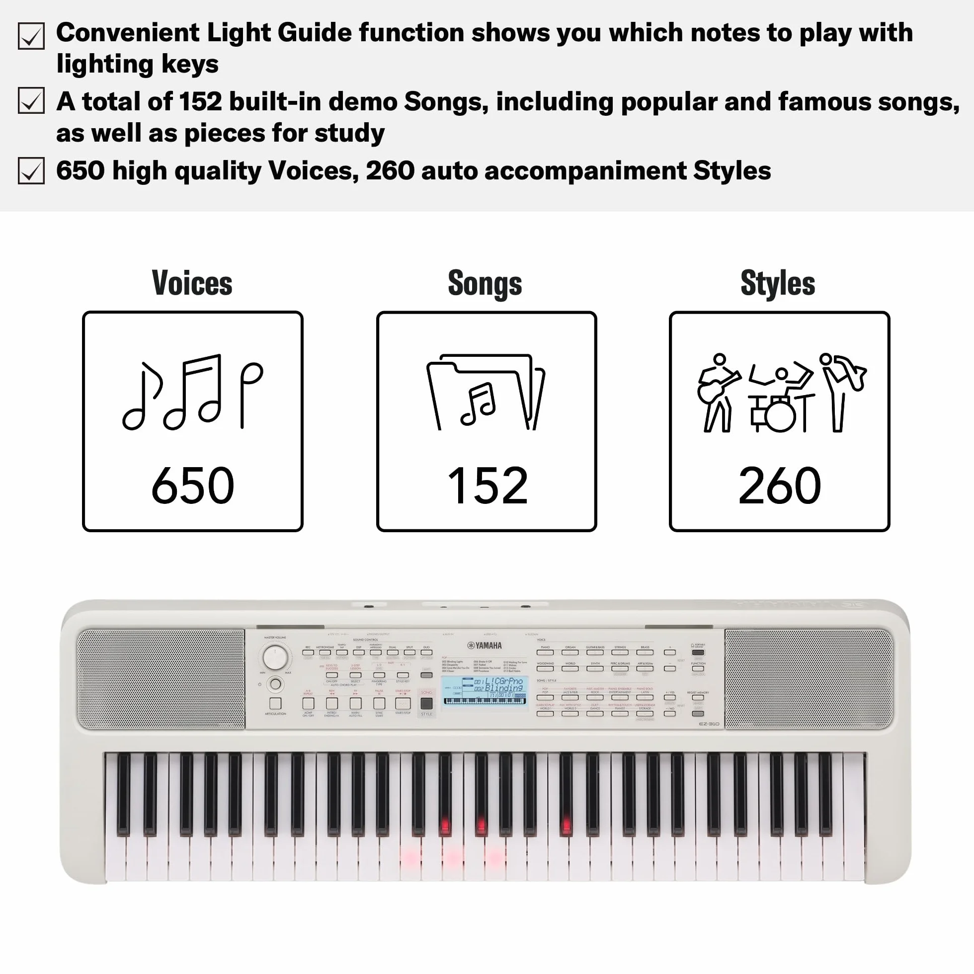 Yamaha EZ-310 Clavier portable 61 touches tactiles guide lumineux polyphonie 48 notes débutants
