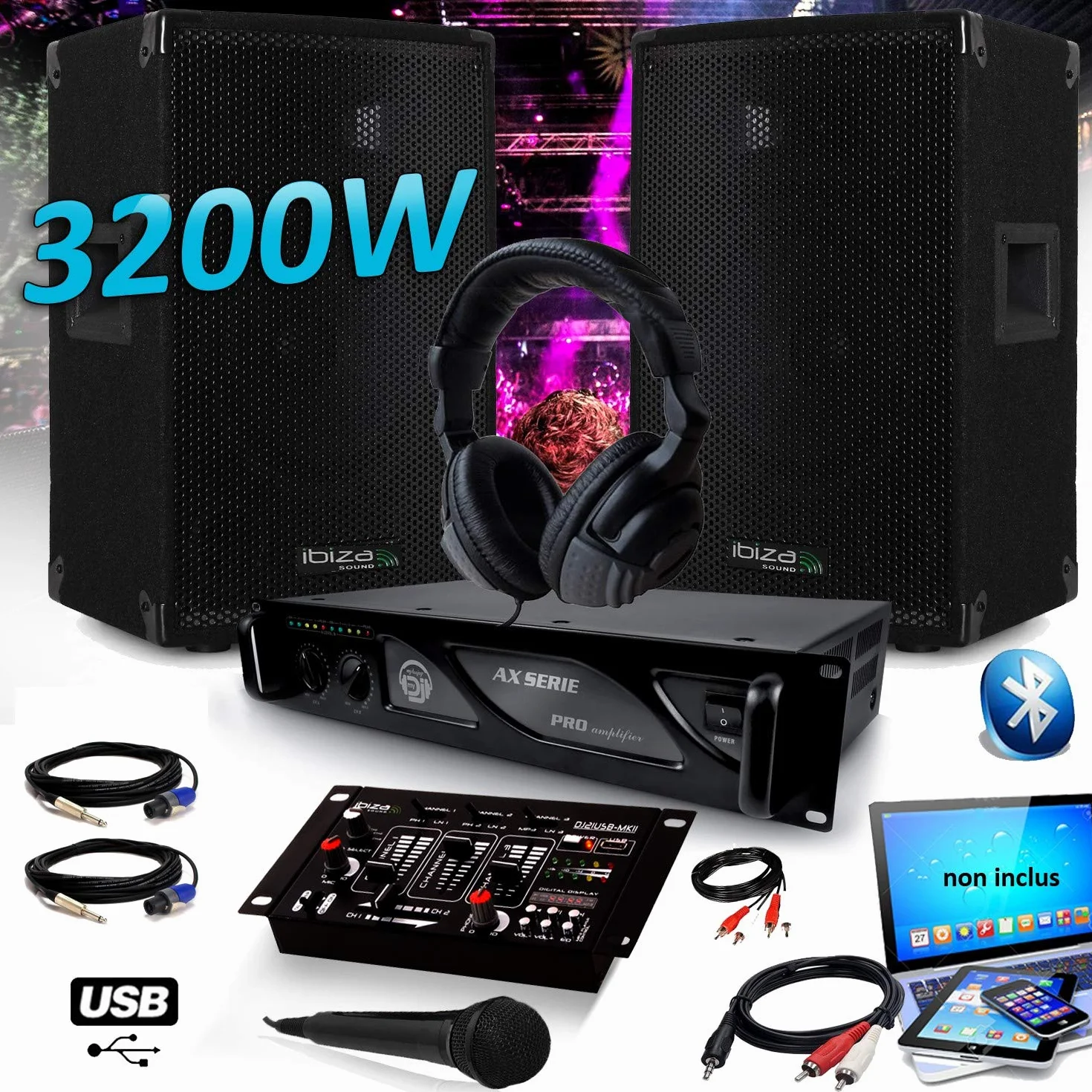 IBIZA DISCO12 Pack DJ SONO SET 3200W + Amplificateur MyDj 2000W + Table de Mixage DJ21 USB Bluetooth + CASQUE MICRO