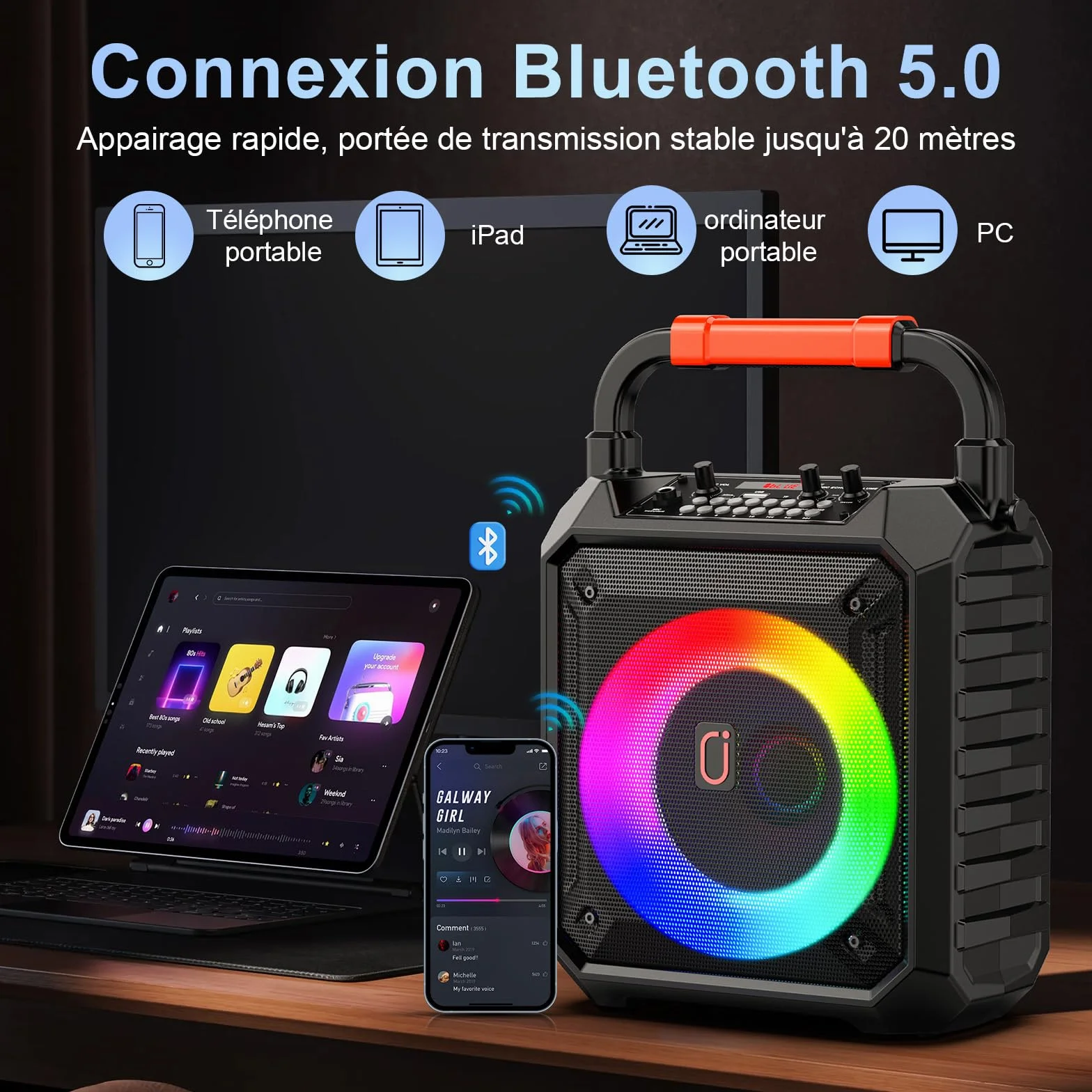 Machine de Karaoké 80W Enceinte Bluetooth 2 Micro sans Fil REC AUX USB TF Portable Fêtes