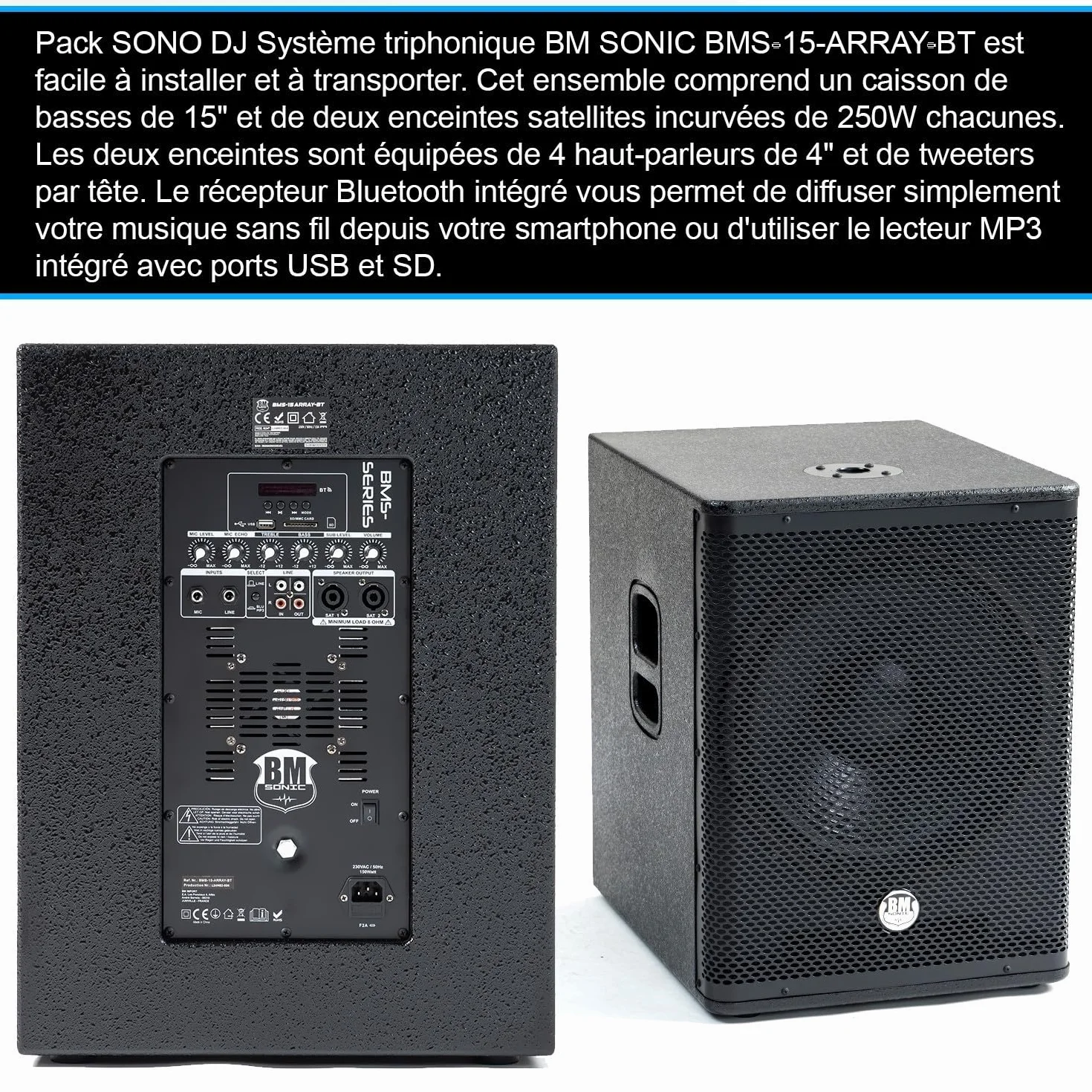 BM Bmsonic BMS-15-ARRAY-BT Pack Sonorisation DJ Complet 1200W Caisson 38cm USB Bluetooth