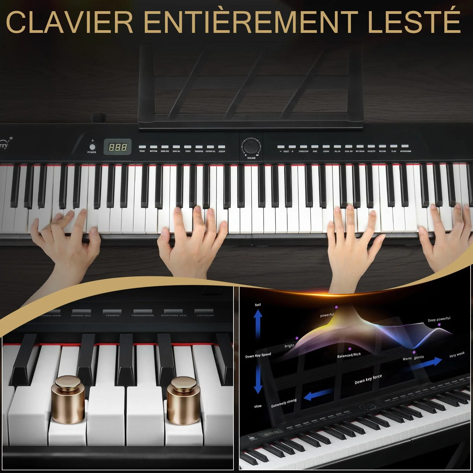 LEADZM Piano Numérique Semi-Marteau 88 Touches, Clavier Électronique avec Pédale Sustain, MIDI, Pupitre, Écouteurs Noir
