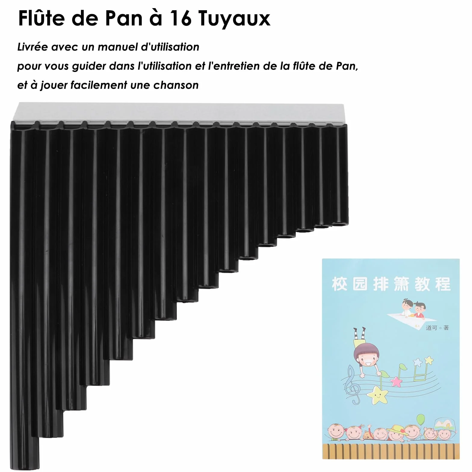 Flûte de Pan 16 tuyaux Instrument de Musique Facile à Apprendre et à Jouer Noir