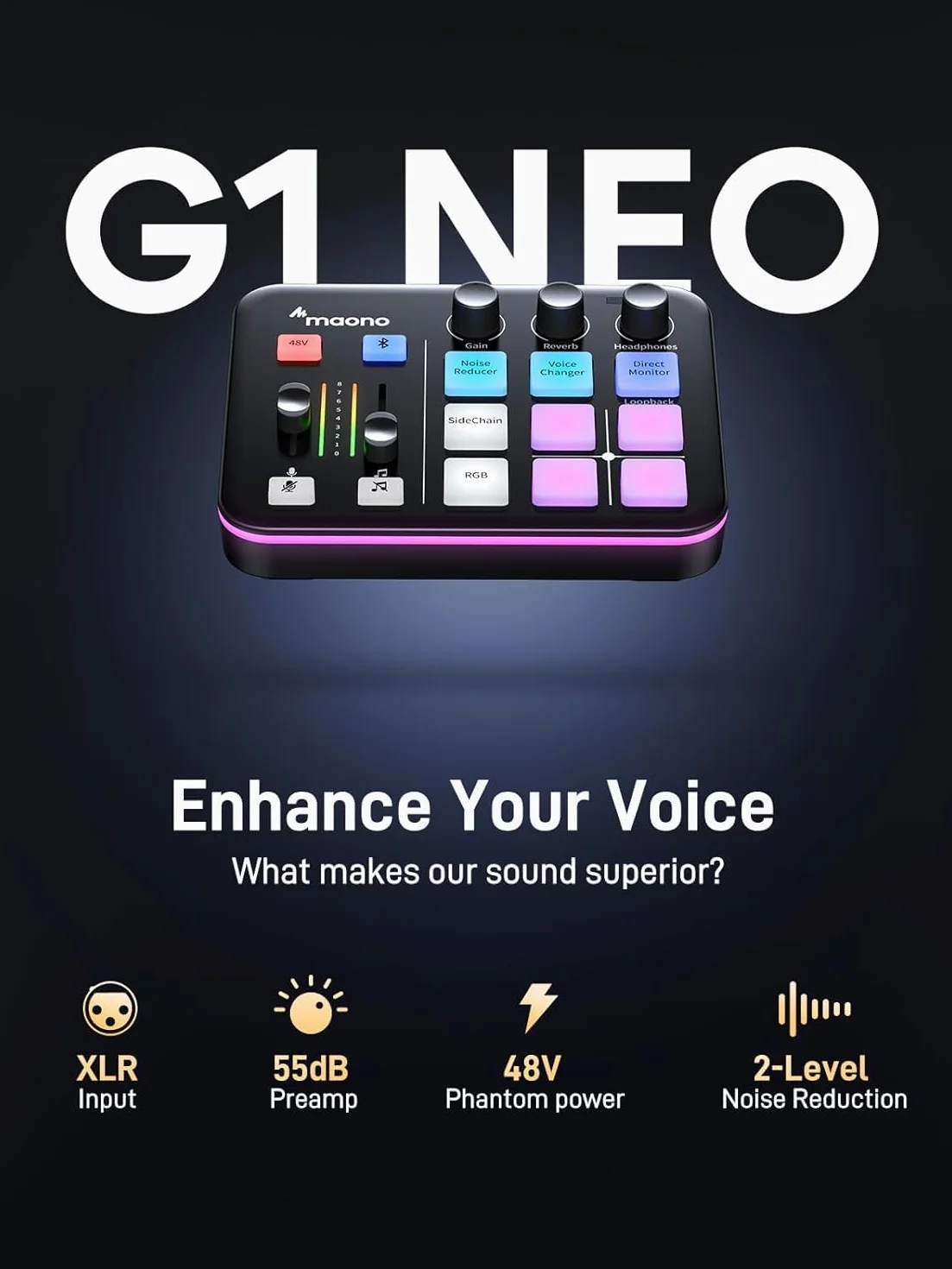 MaonoCaster PD200XS & G1 NEO Kit Streaming Gaming: Interface Audio Mixeur et Microphone Dynamique XLR avec RGB et Réduction de Bruit