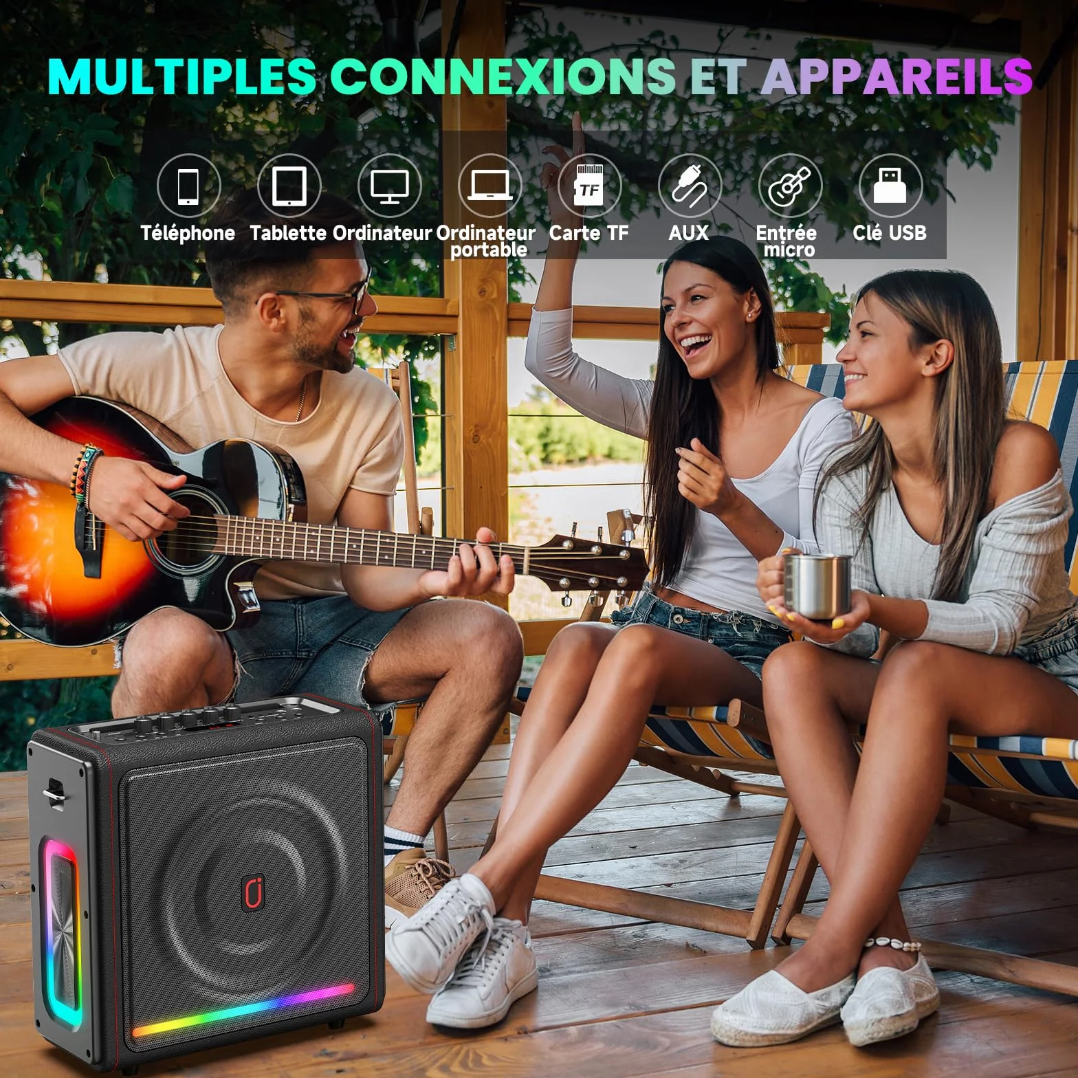 Machine Karaoke sans Fil 300W avec 2 Micros, LED, Autonomie 36h, Système PA TF/USB FM