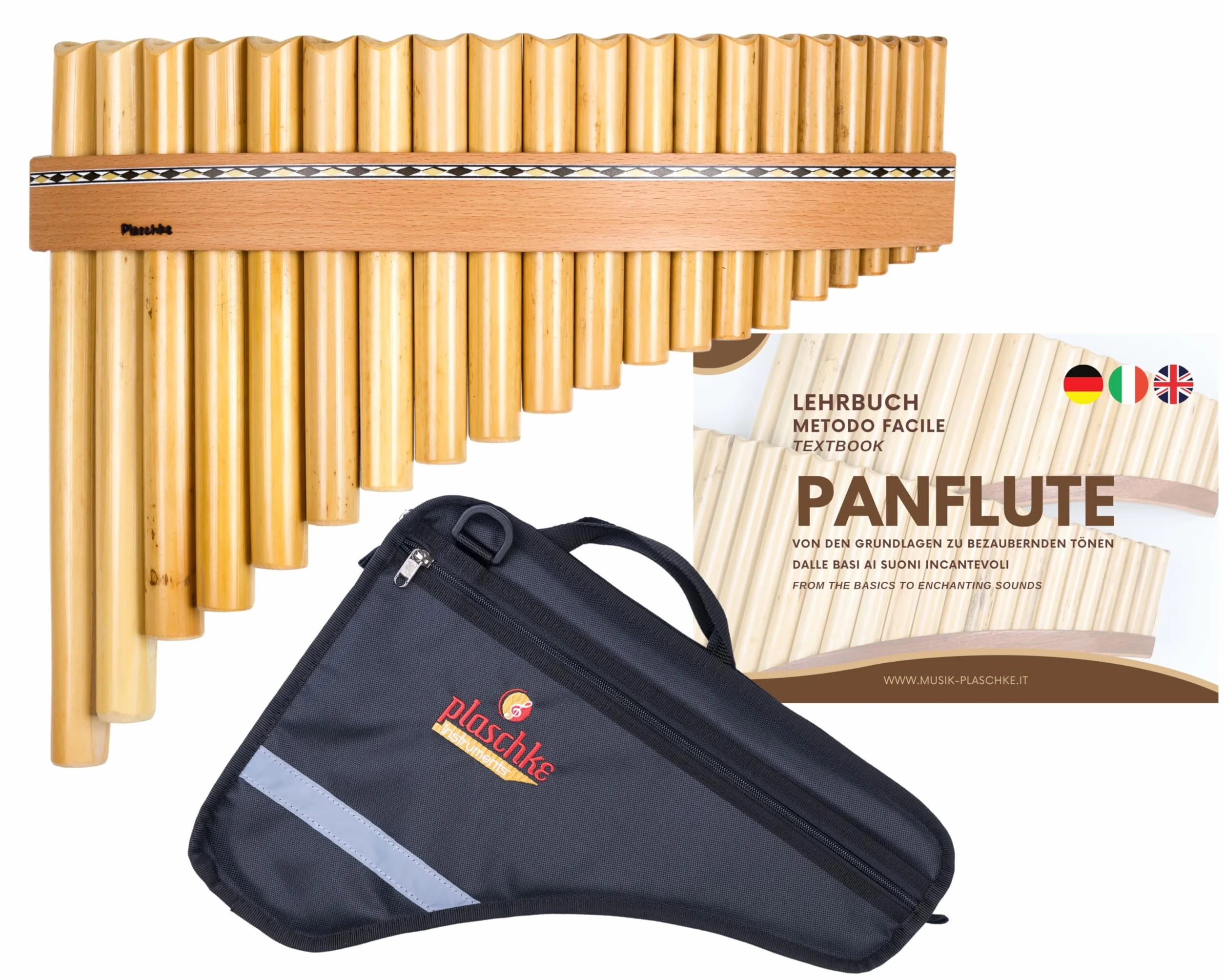 Plaschke Flûte de pan bambou 20 tubes Do majeur lanières bois étui livret fabriquée main