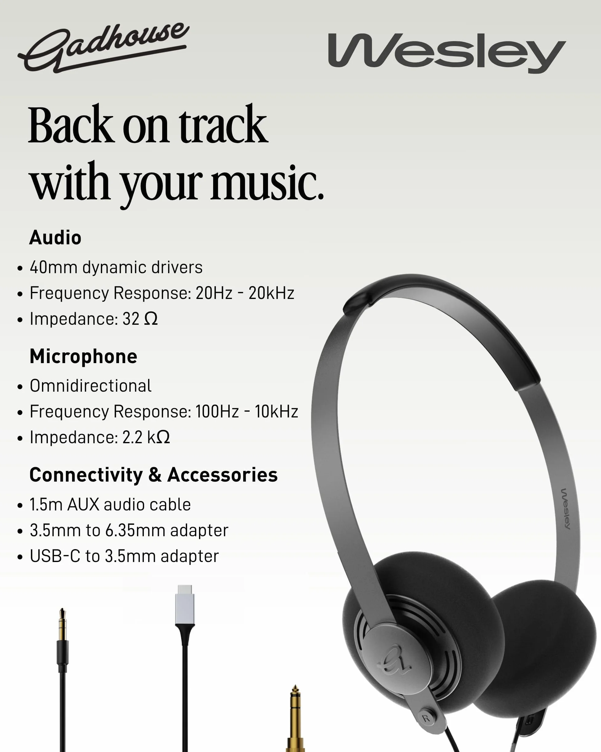 Gadhouse Wesley Casque rétro Filaire USB-C 3,5 mm Pilotes 40 mm Micro intégré Léger 105 g