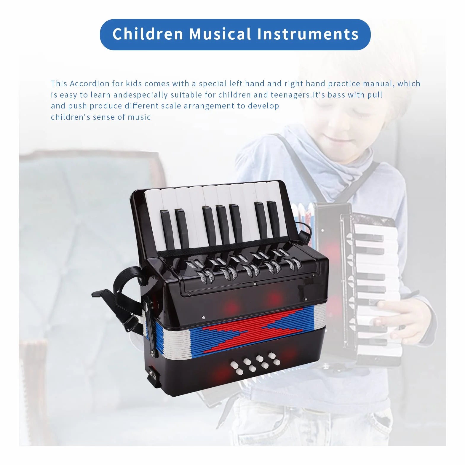 Accordéon Enfant 17-Clé 8 Basse Instrument Jouet avec Sangle en Cuir Rétractable Cadeau Débutants