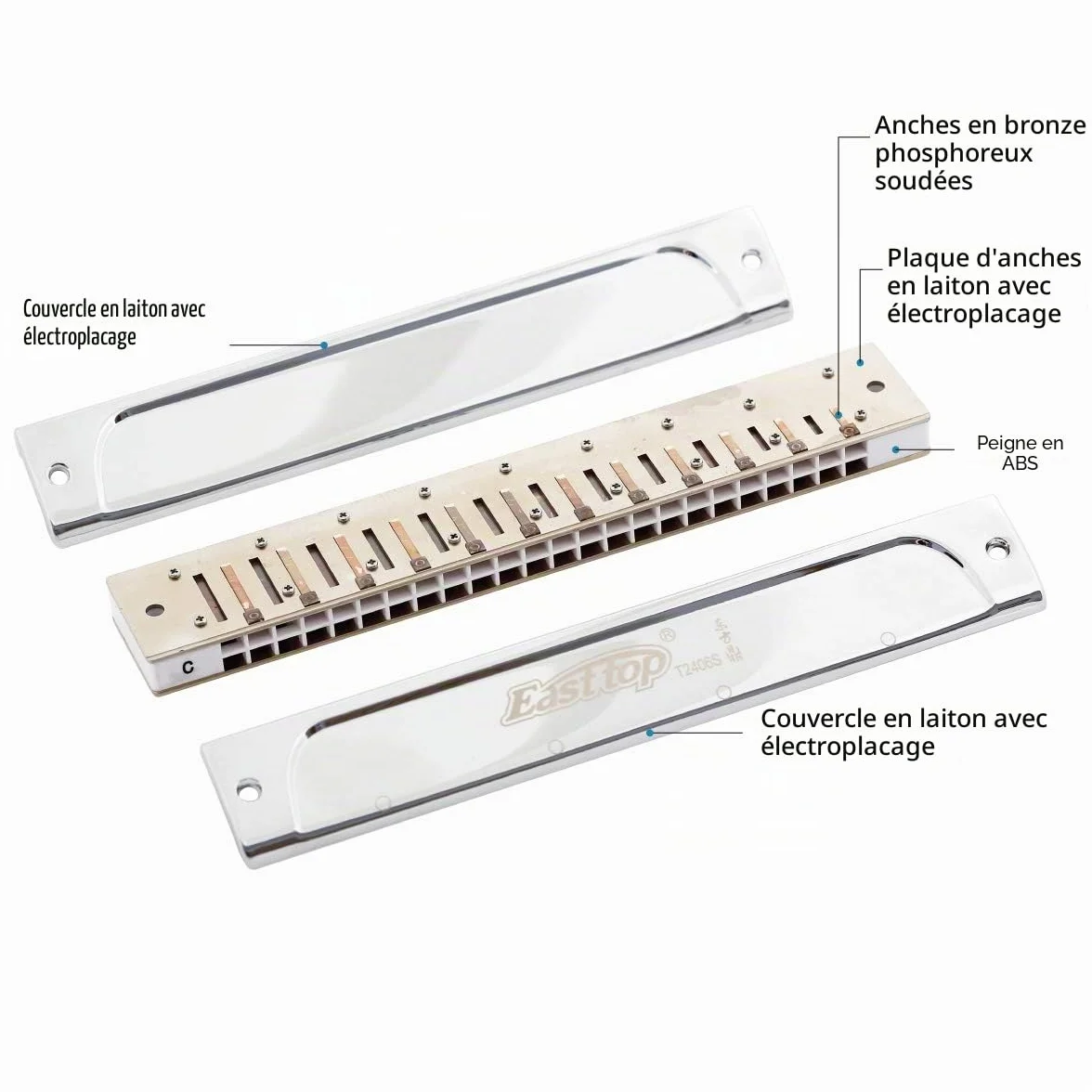 East top Harmonica trémolo professionnel 24 trous T2406S Instrument Orgue à bouche