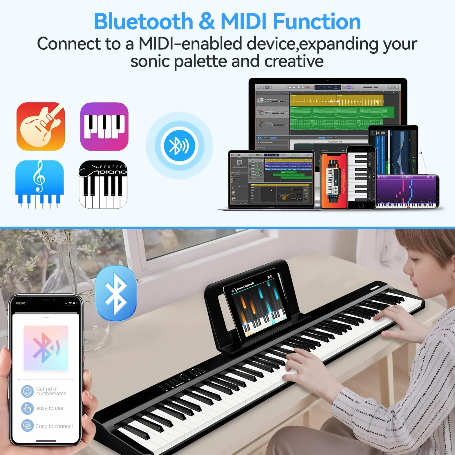 TERENCE Piano Numérique Portable 88 Touches Semi-lesté avec Support Z